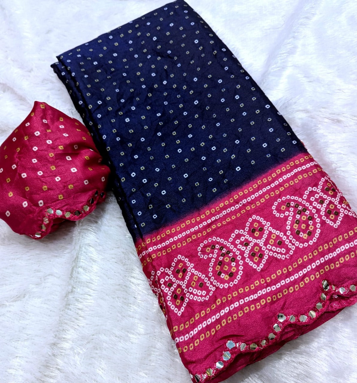 Designer Bandhani Blue & Pink Saree with Mirror Work Border & Running Blouse in Moss Silk