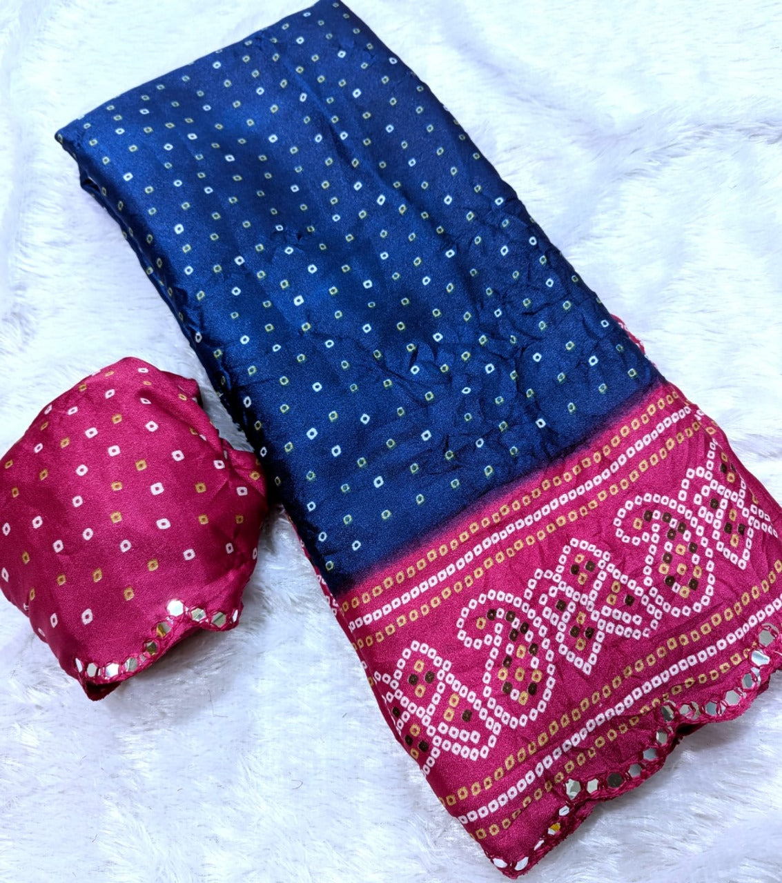 Designer Bandhani Blue  Saree with Mirror Work Border & Running Blouse in Moss Silk