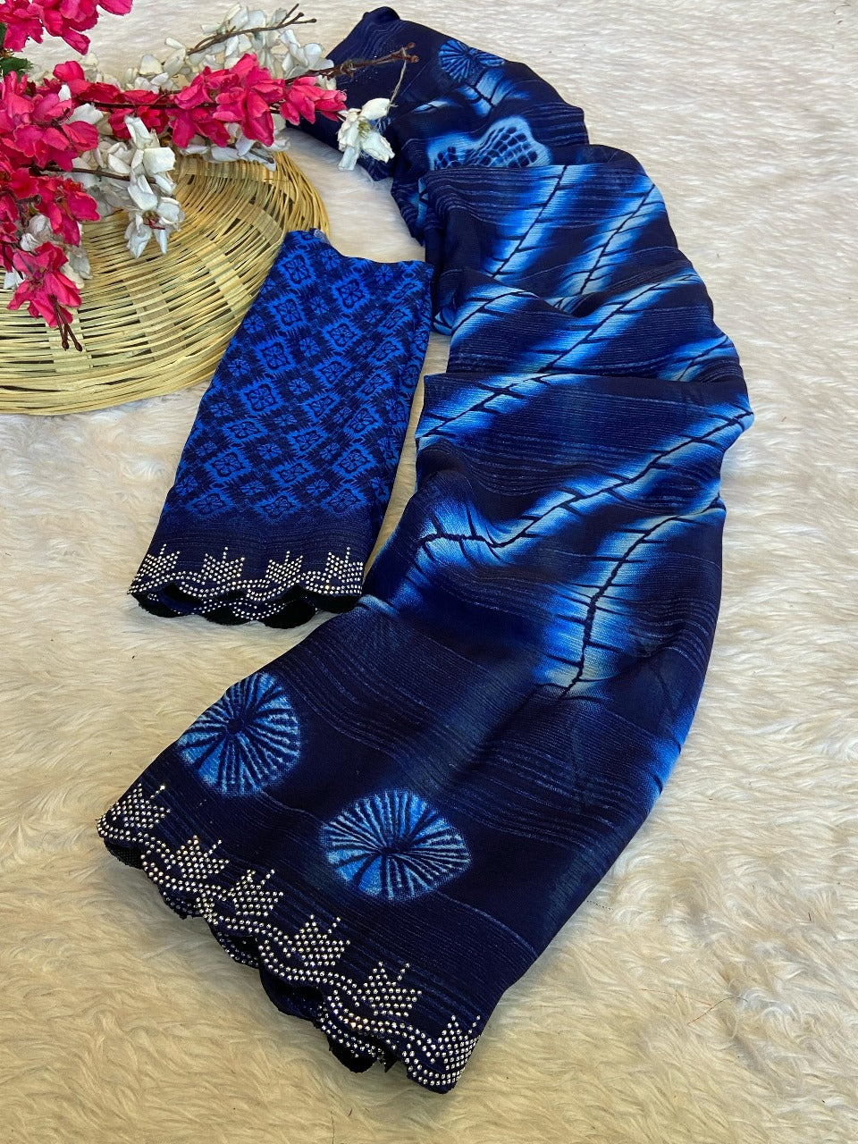 TRENDY NEW GEORGETTE PRISM  PRINTED BLUE SAREE