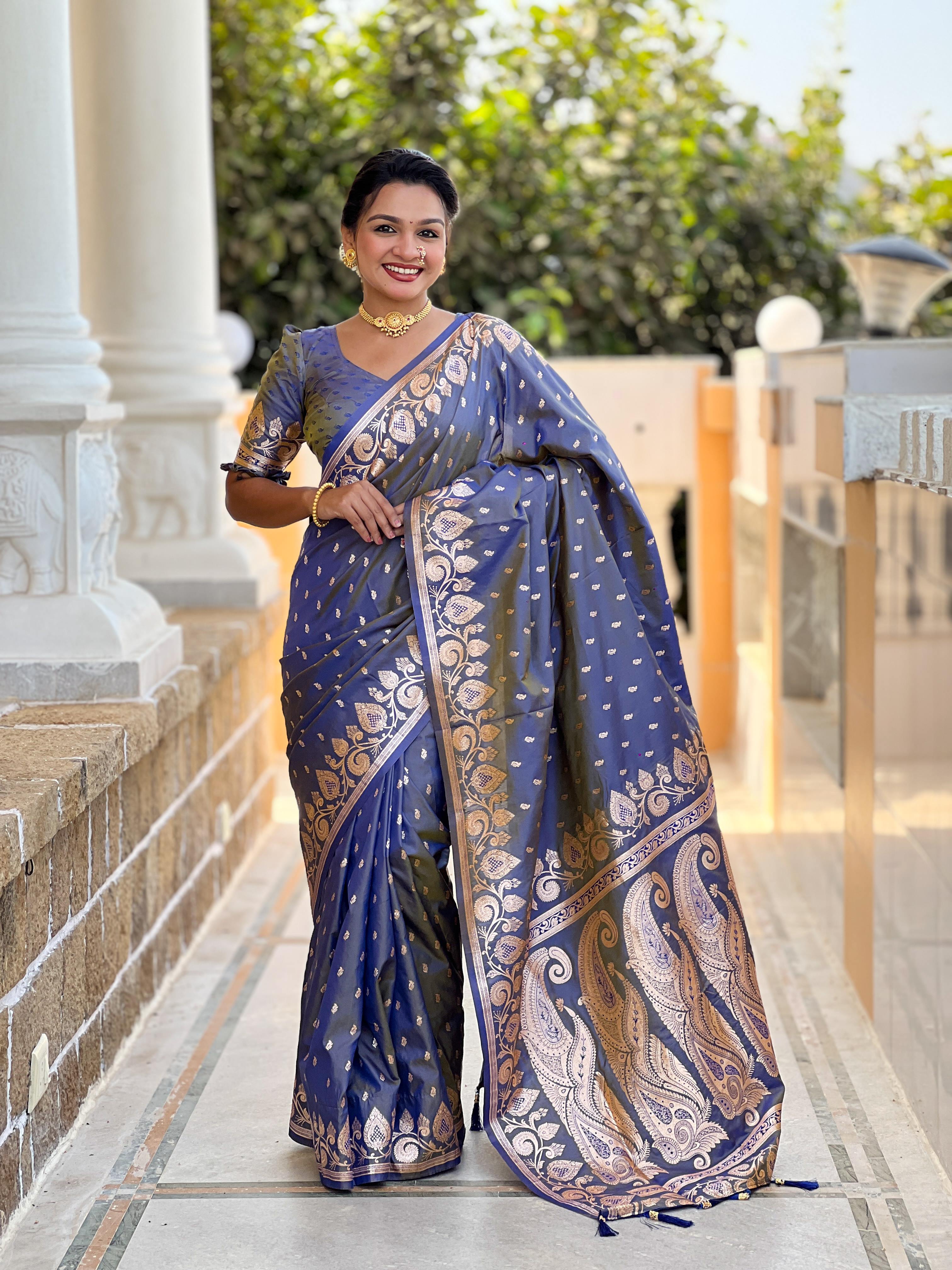 Blue Varni Fabrics Women Anjir Geometric Banarasi Silk Tassels and Latkans Saree comes With Matching Blouse
