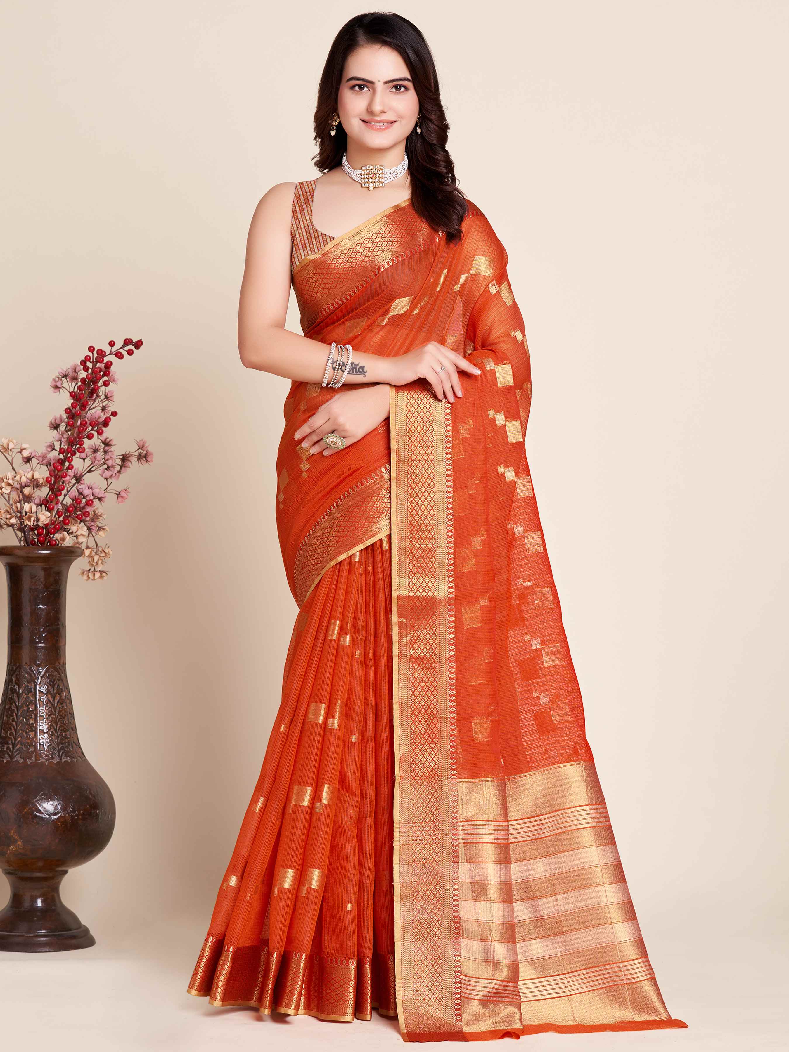 Orange Wedding-Ready Semi Cotton Saree – Comfort Meets Celebration
