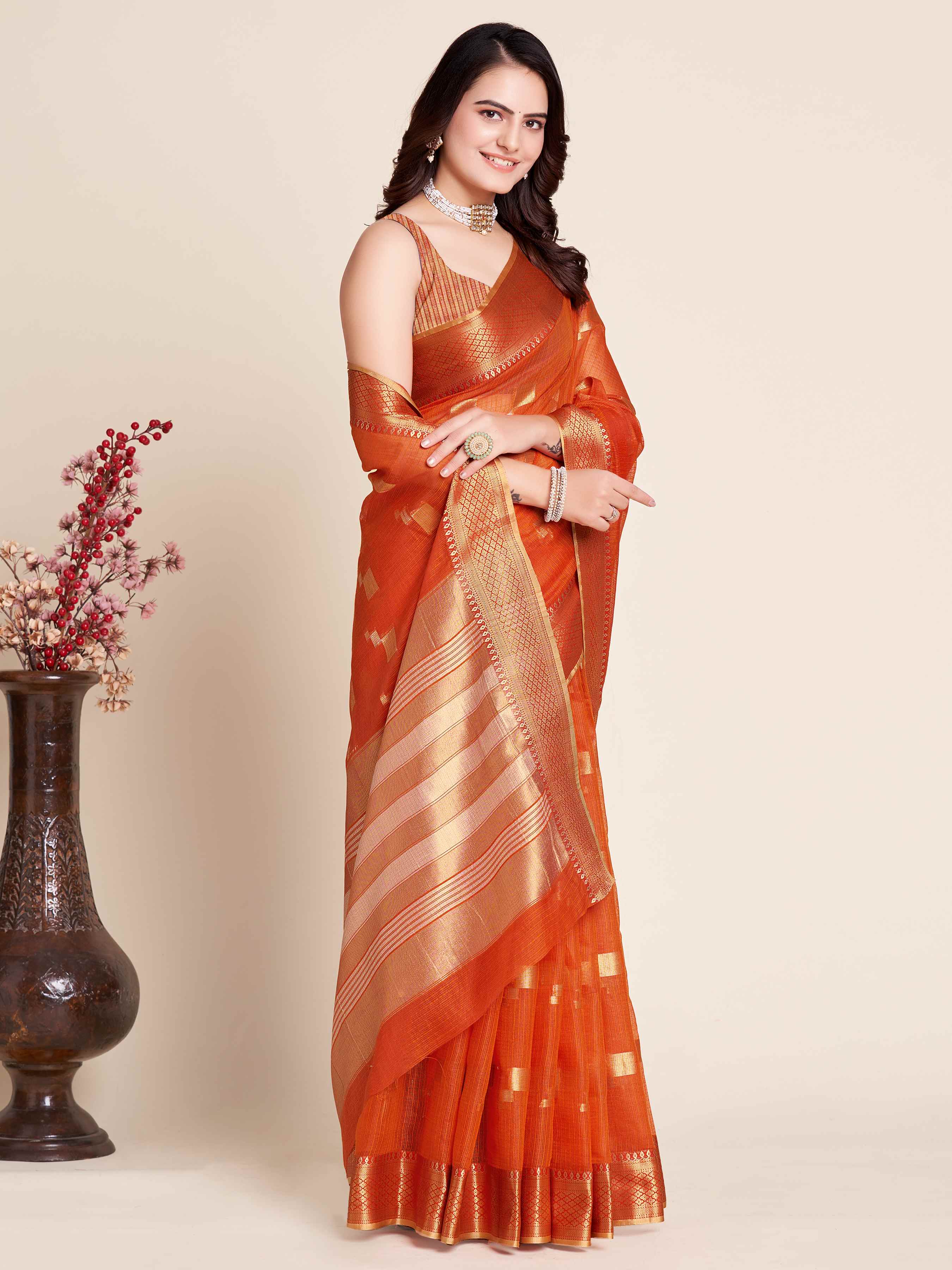Orange Wedding-Ready Semi Cotton Saree – Comfort Meets Celebration
