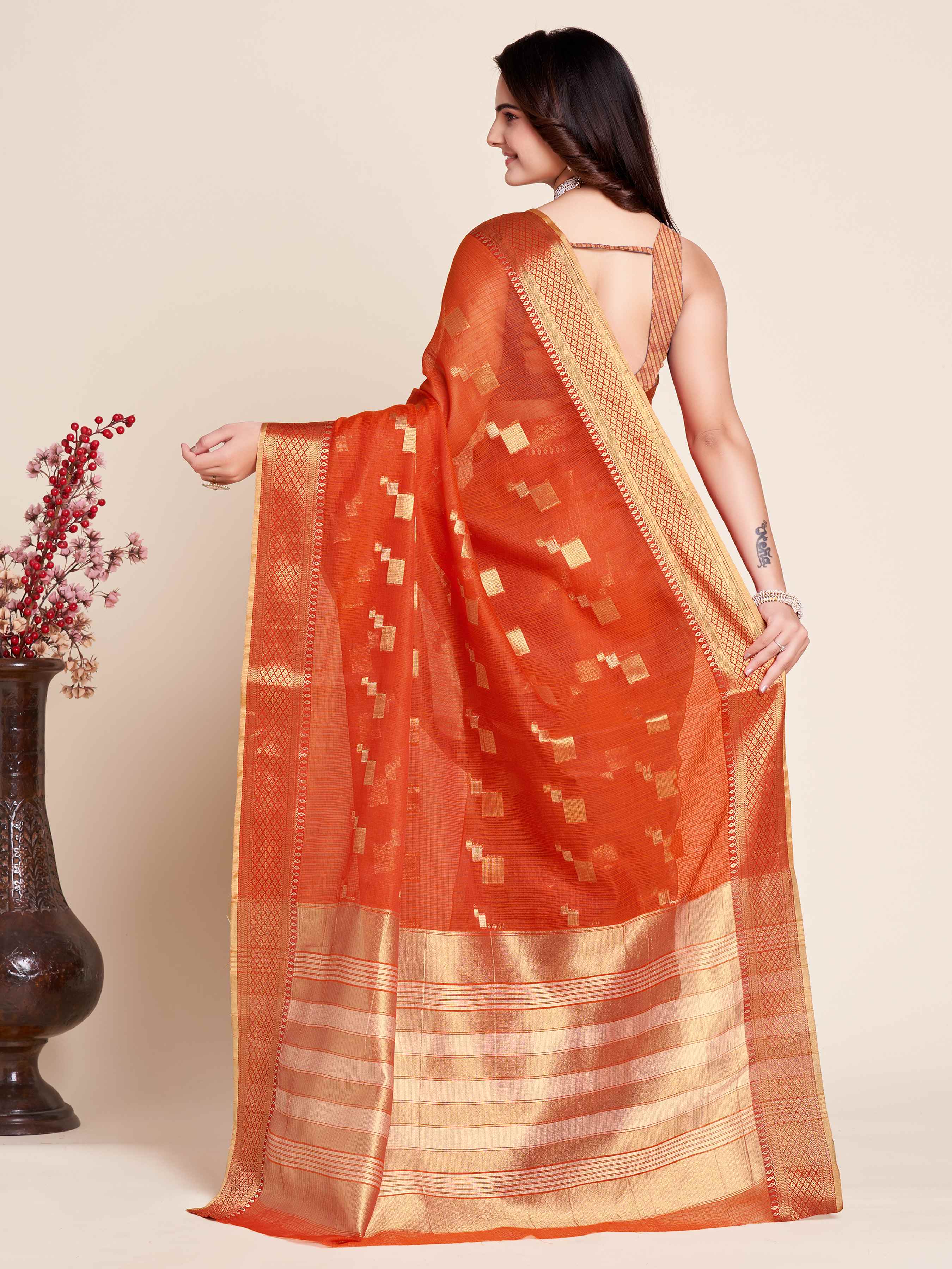 Orange Wedding-Ready Semi Cotton Saree – Comfort Meets Celebration