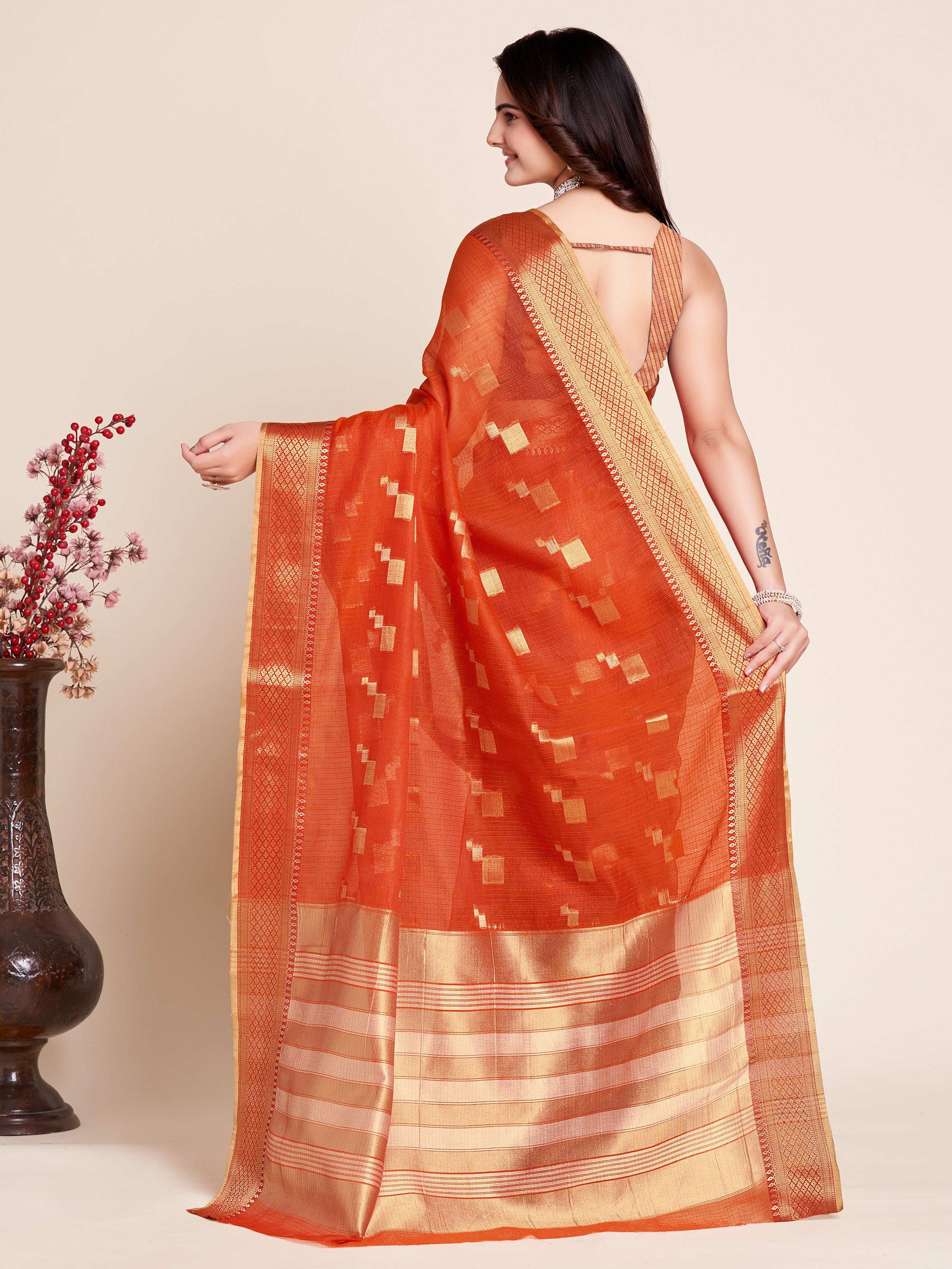 Orange Wedding-Ready Semi Cotton Saree – Comfort Meets Celebration