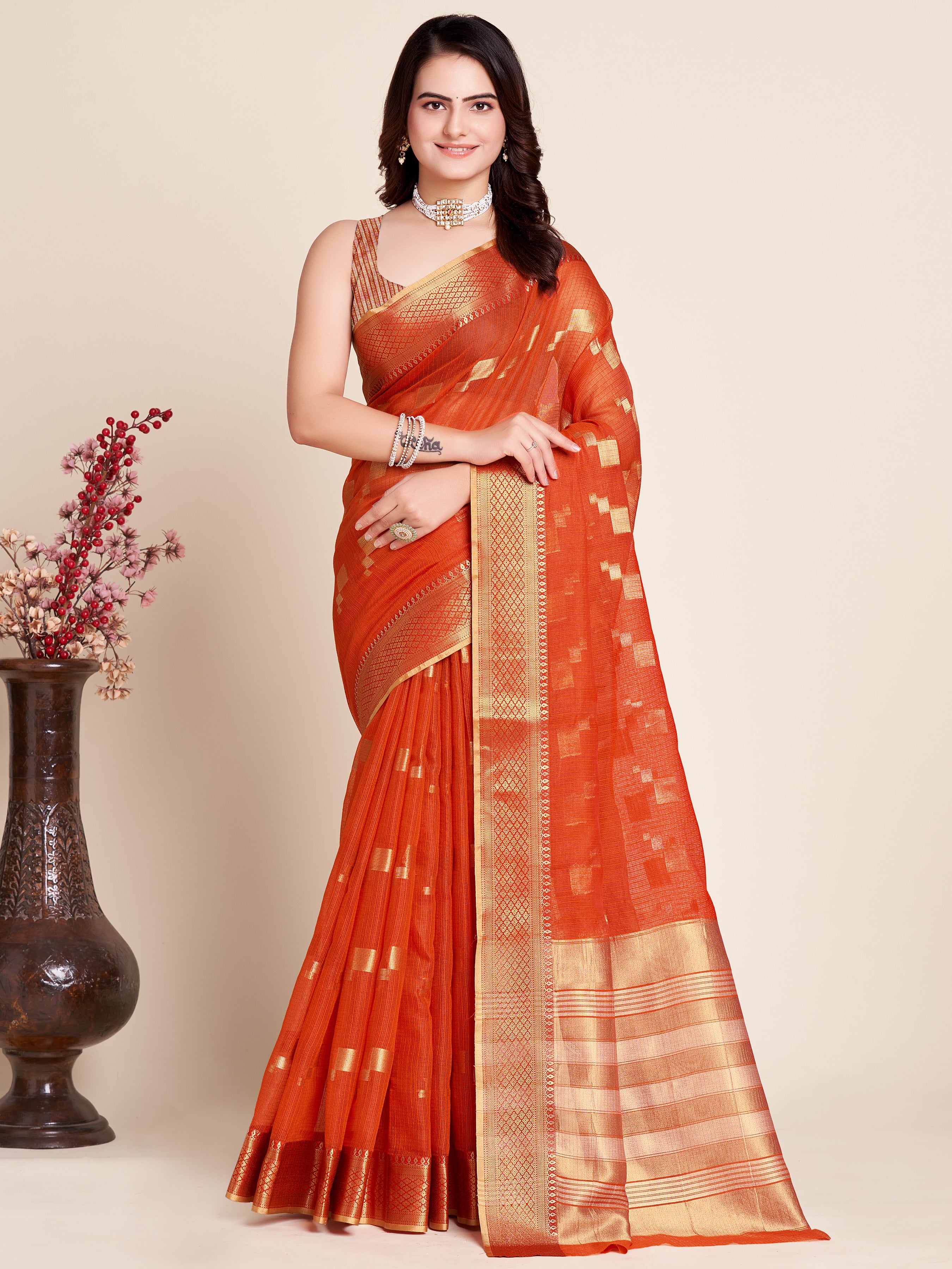 Orange Wedding-Ready Semi Cotton Saree – Comfort Meets Celebration