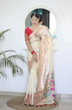 Cream Soft Paithani Silk Saree with Zari Motifs, Meenakari Rich Pallu & Contrast Blouse