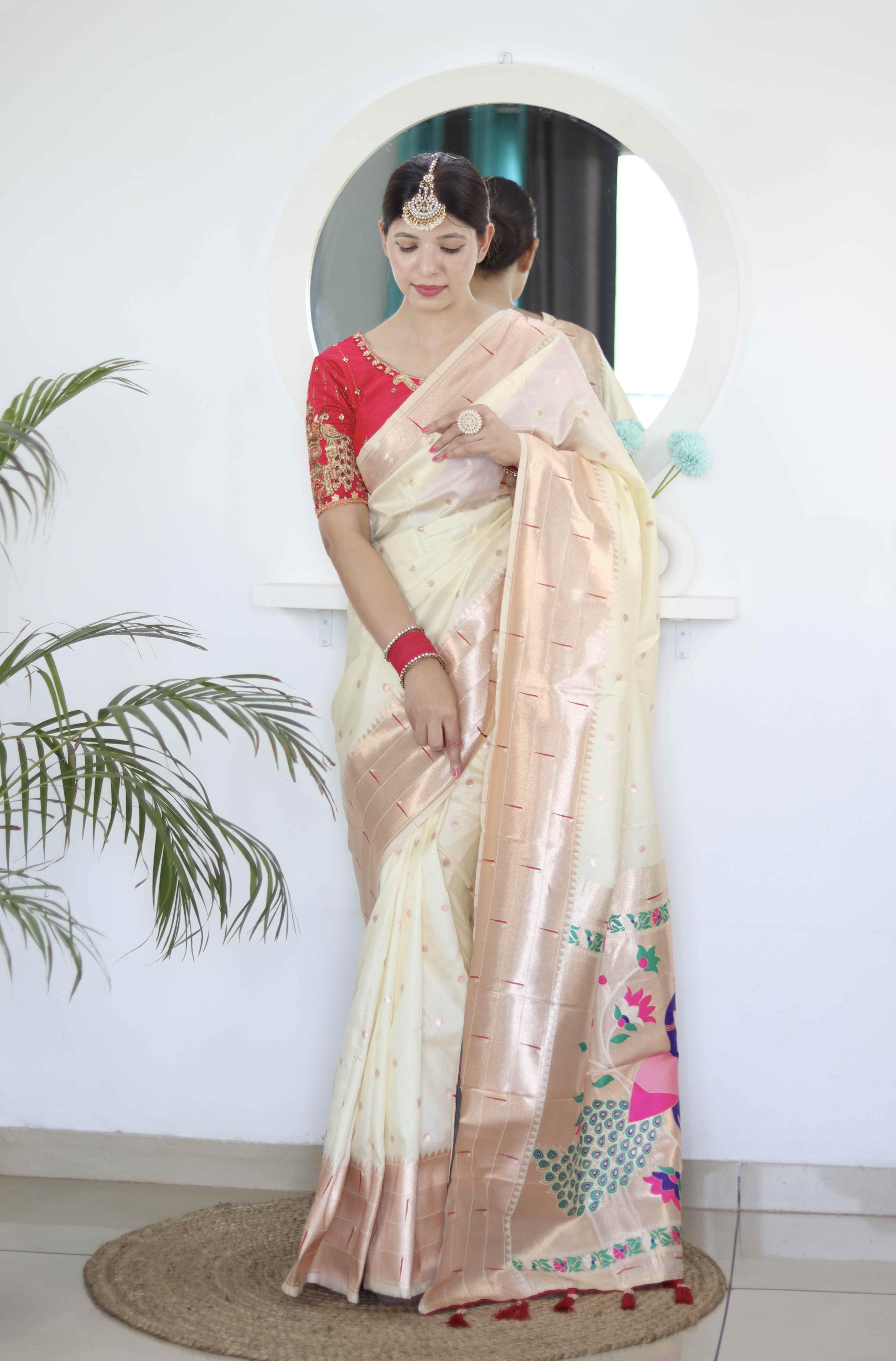 Cream Soft Paithani Silk Saree with Zari Motifs, Meenakari Rich Pallu & Contrast Blouse
