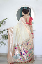 Cream Soft Paithani Silk Saree with Zari Motifs, Meenakari Rich Pallu & Contrast Blouse