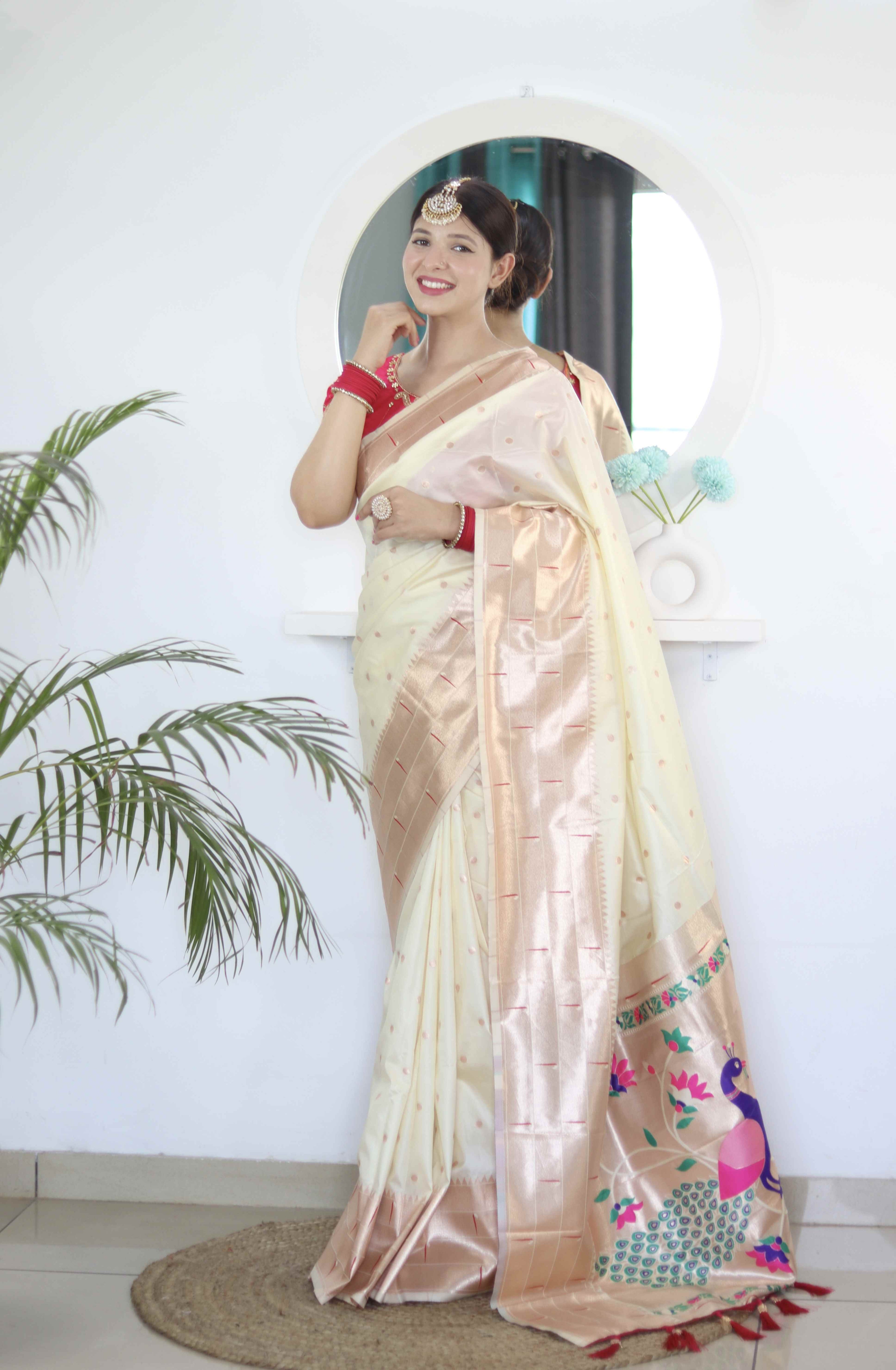 Cream Soft Paithani Silk Saree with Zari Motifs, Meenakari Rich Pallu & Contrast Blouse