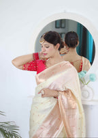 Cream Soft Paithani Silk Saree with Zari Motifs, Meenakari Rich Pallu & Contrast Blouse