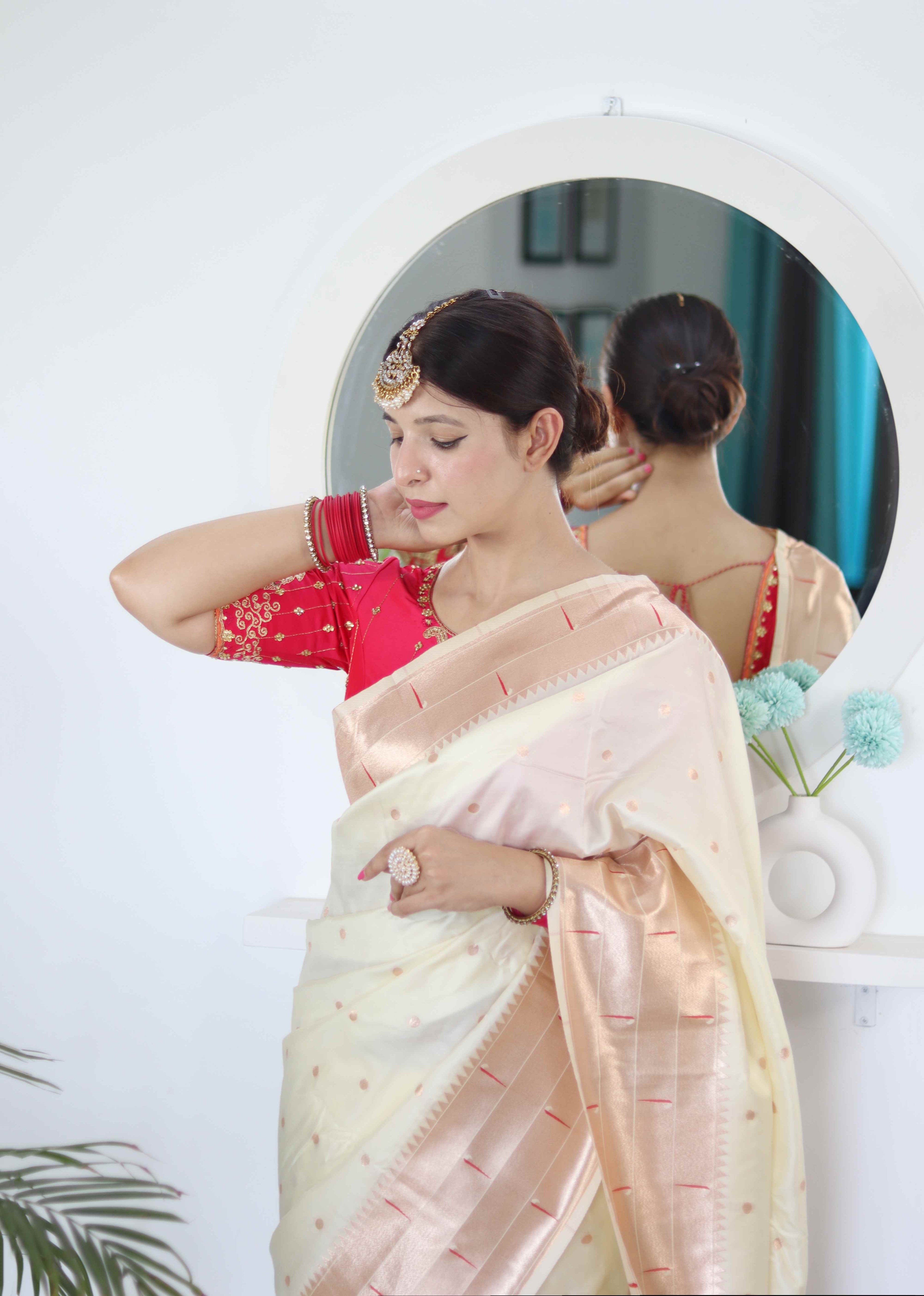 Cream Soft Paithani Silk Saree with Zari Motifs, Meenakari Rich Pallu & Contrast Blouse