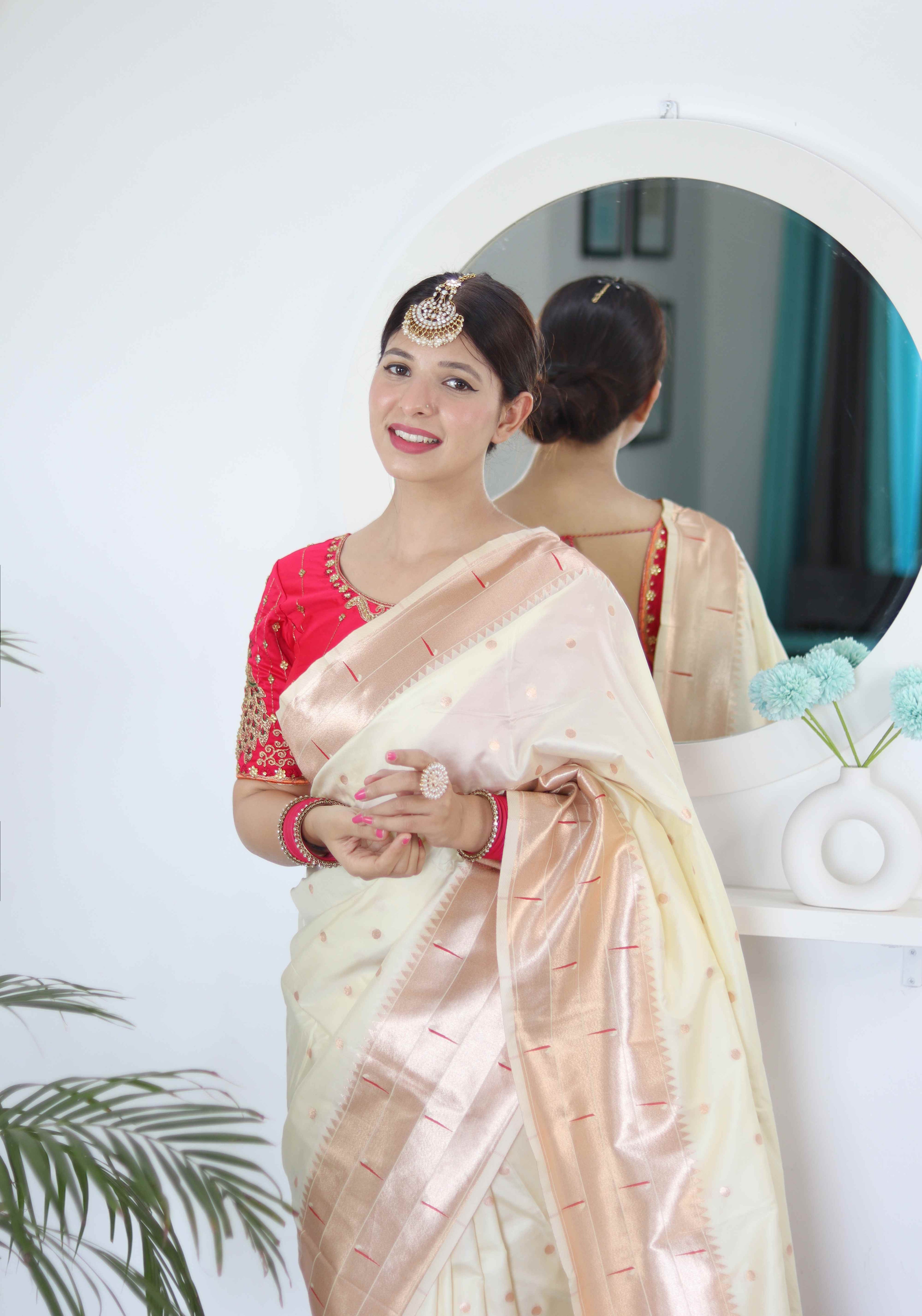 Cream Soft Paithani Silk Saree with Zari Motifs, Meenakari Rich Pallu & Contrast Blouse