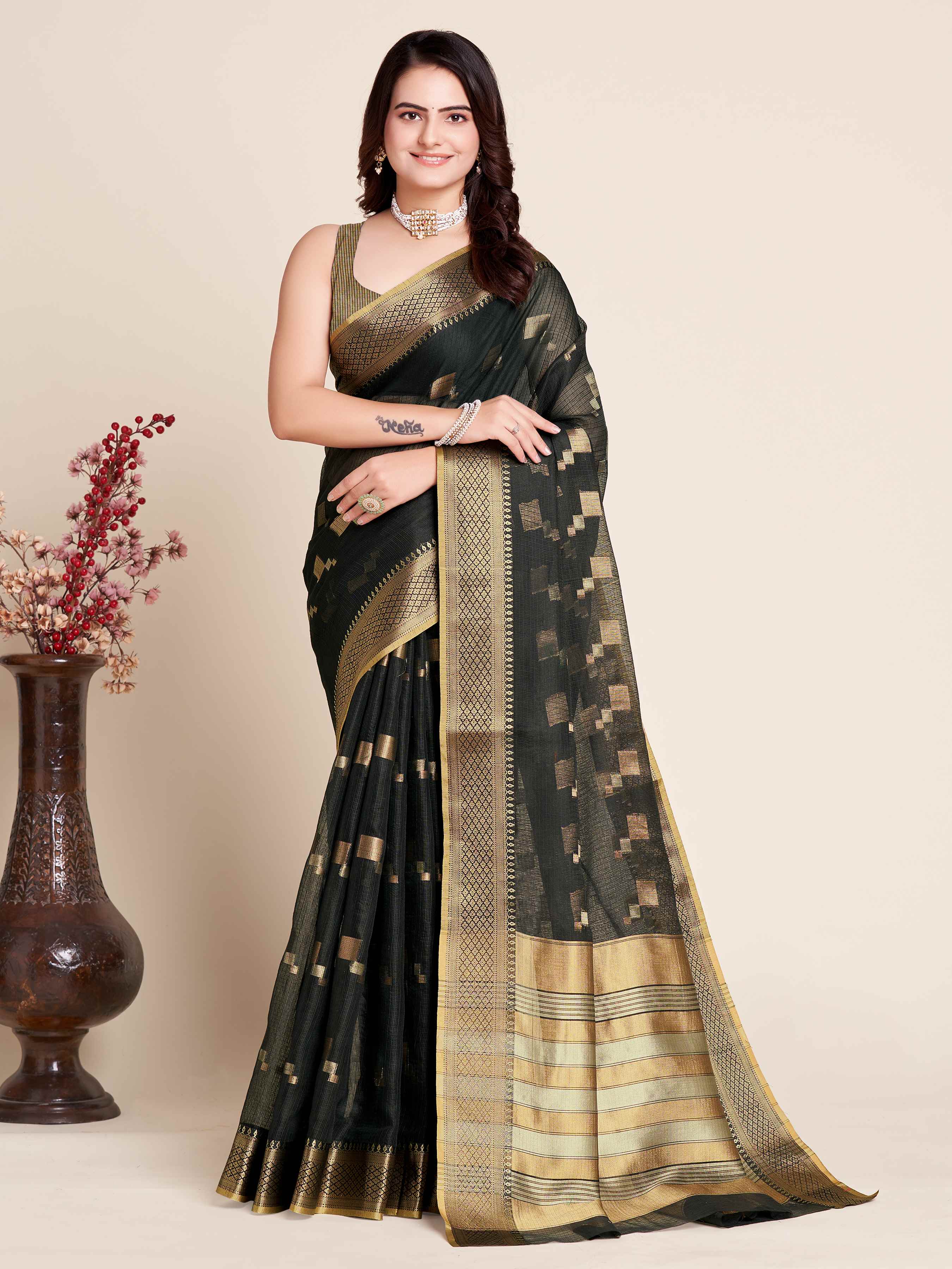 Black Wedding-Ready Semi Cotton Saree – Comfort Meets Celebration