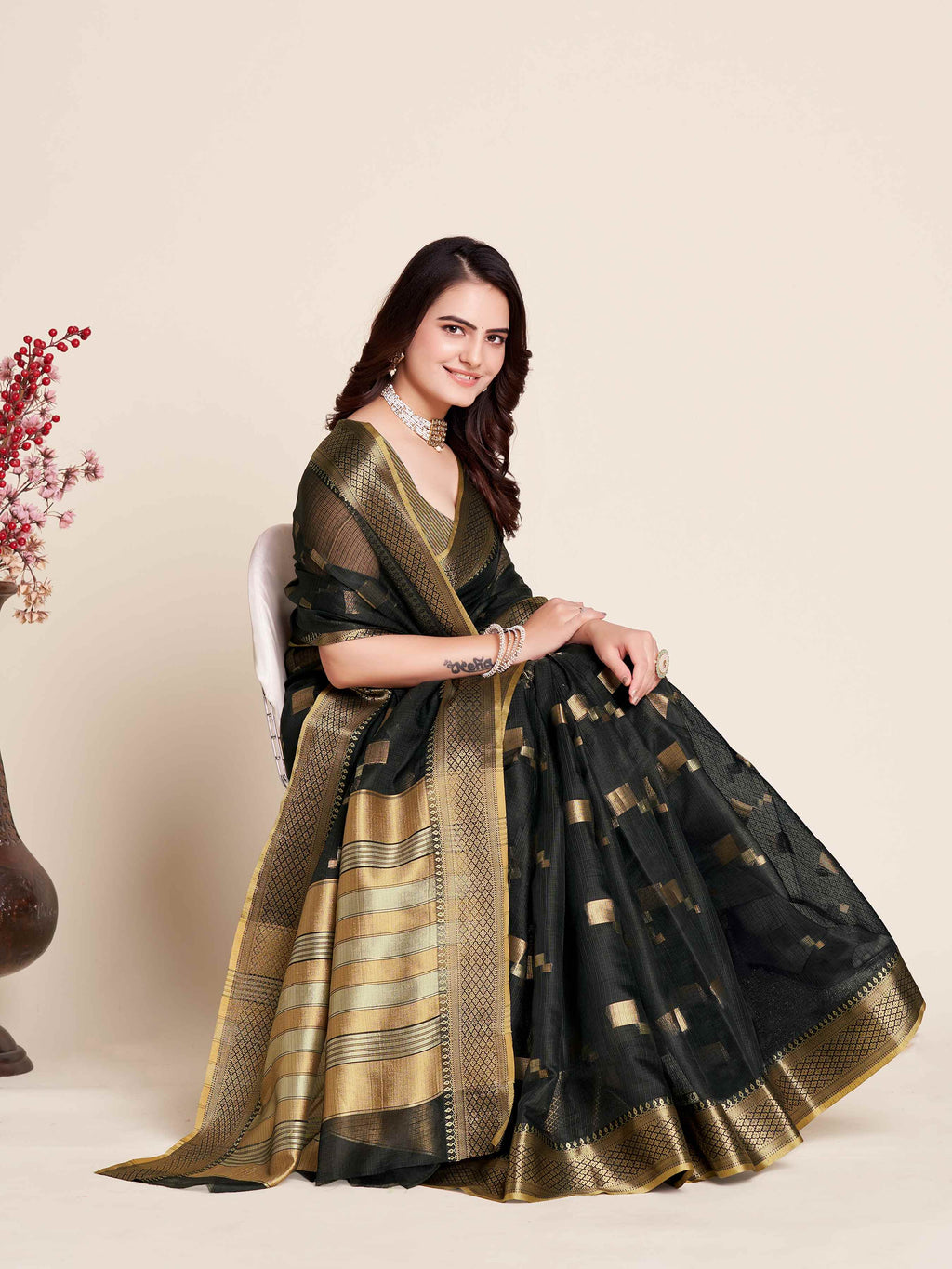 Black Wedding-Ready Semi Cotton Saree – Comfort Meets Celebration
