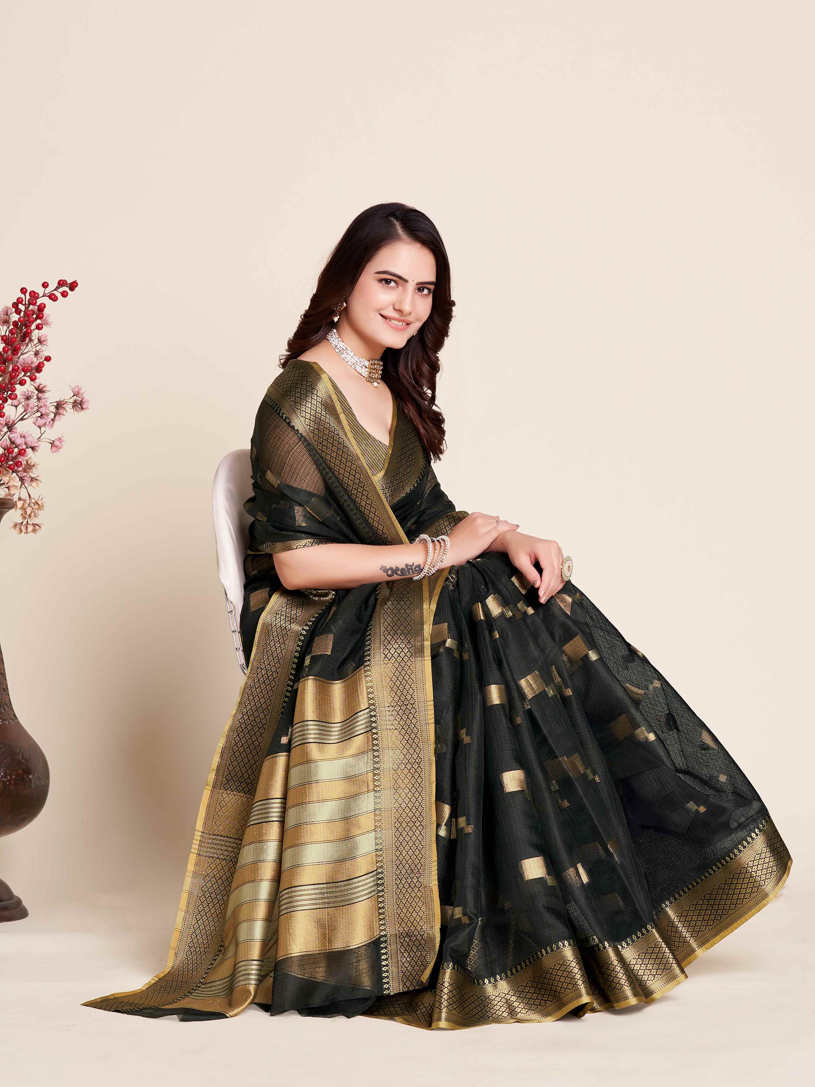 Black Wedding-Ready Semi Cotton Saree – Comfort Meets Celebration