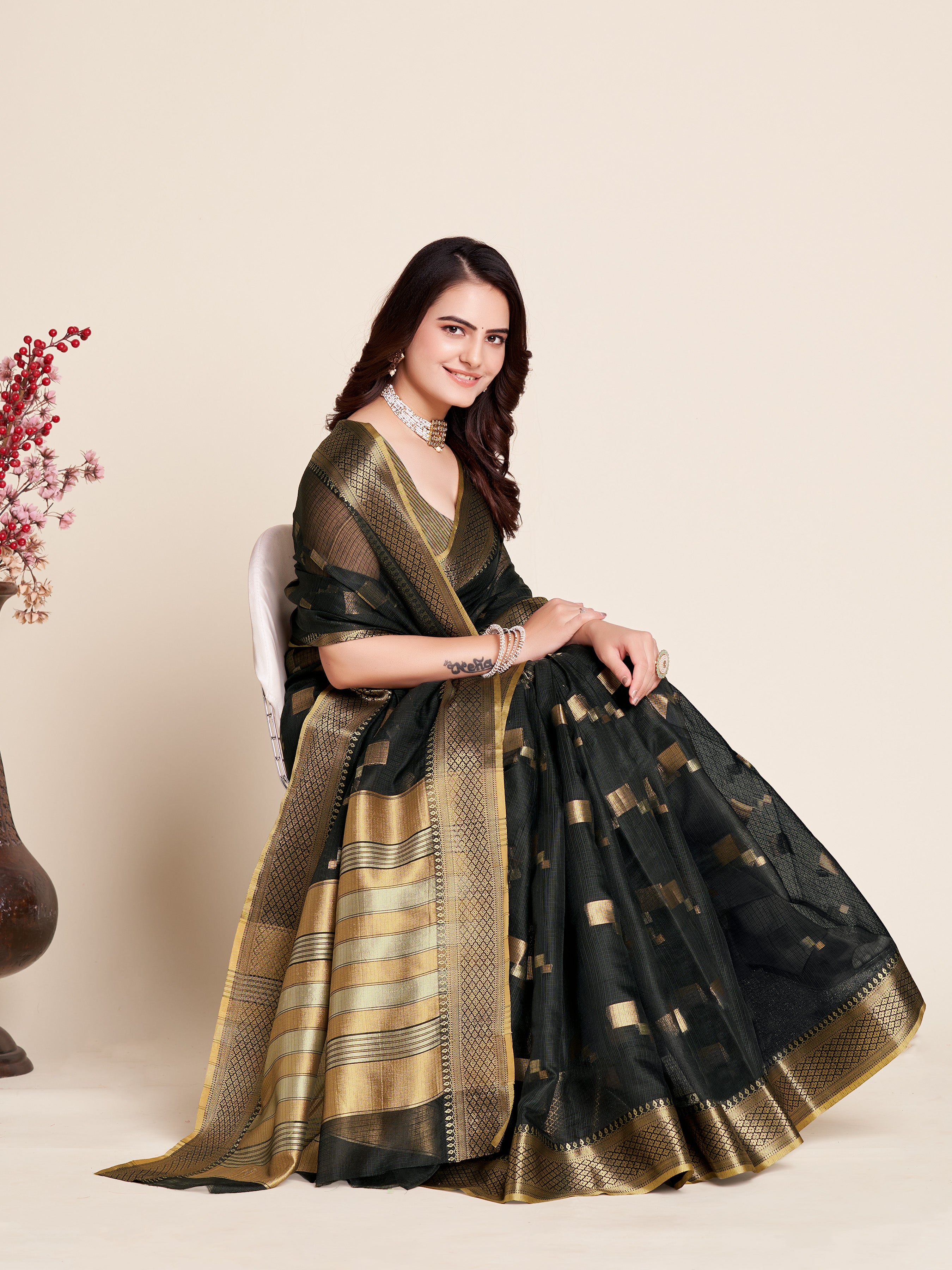Black Wedding-Ready Semi Cotton Saree – Comfort Meets Celebration