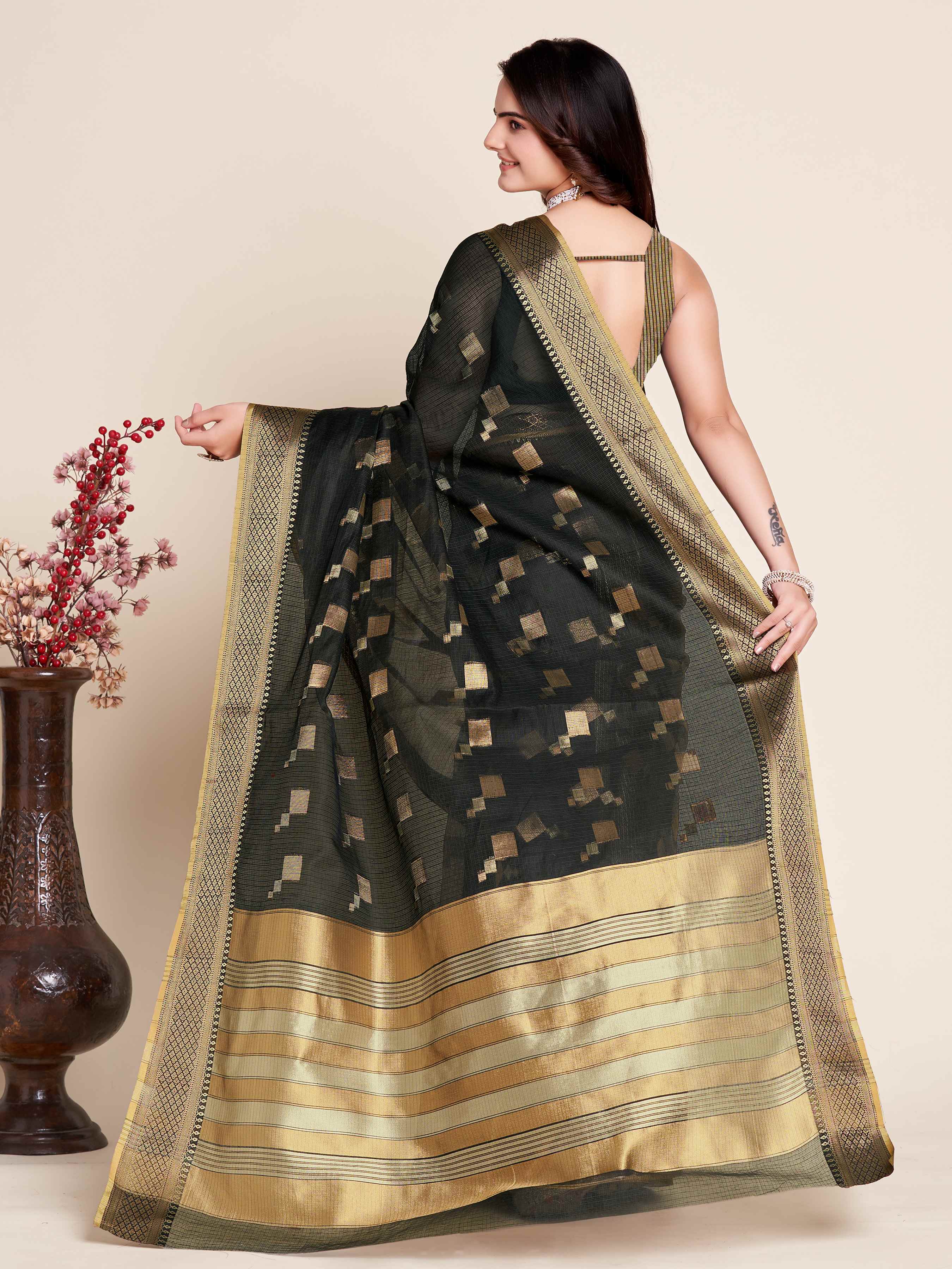 Black Wedding-Ready Semi Cotton Saree – Comfort Meets Celebration