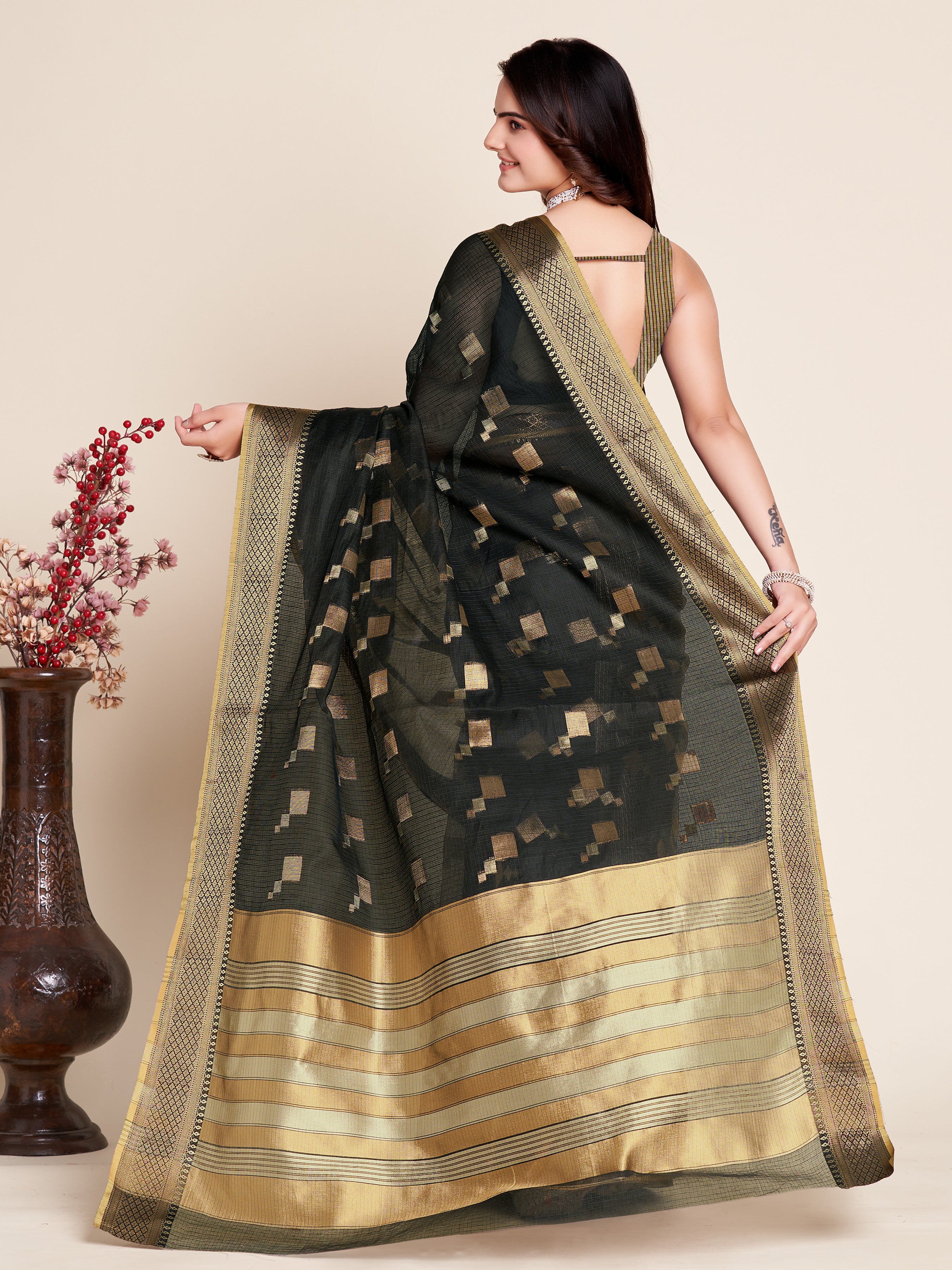 Black Wedding-Ready Semi Cotton Saree – Comfort Meets Celebration