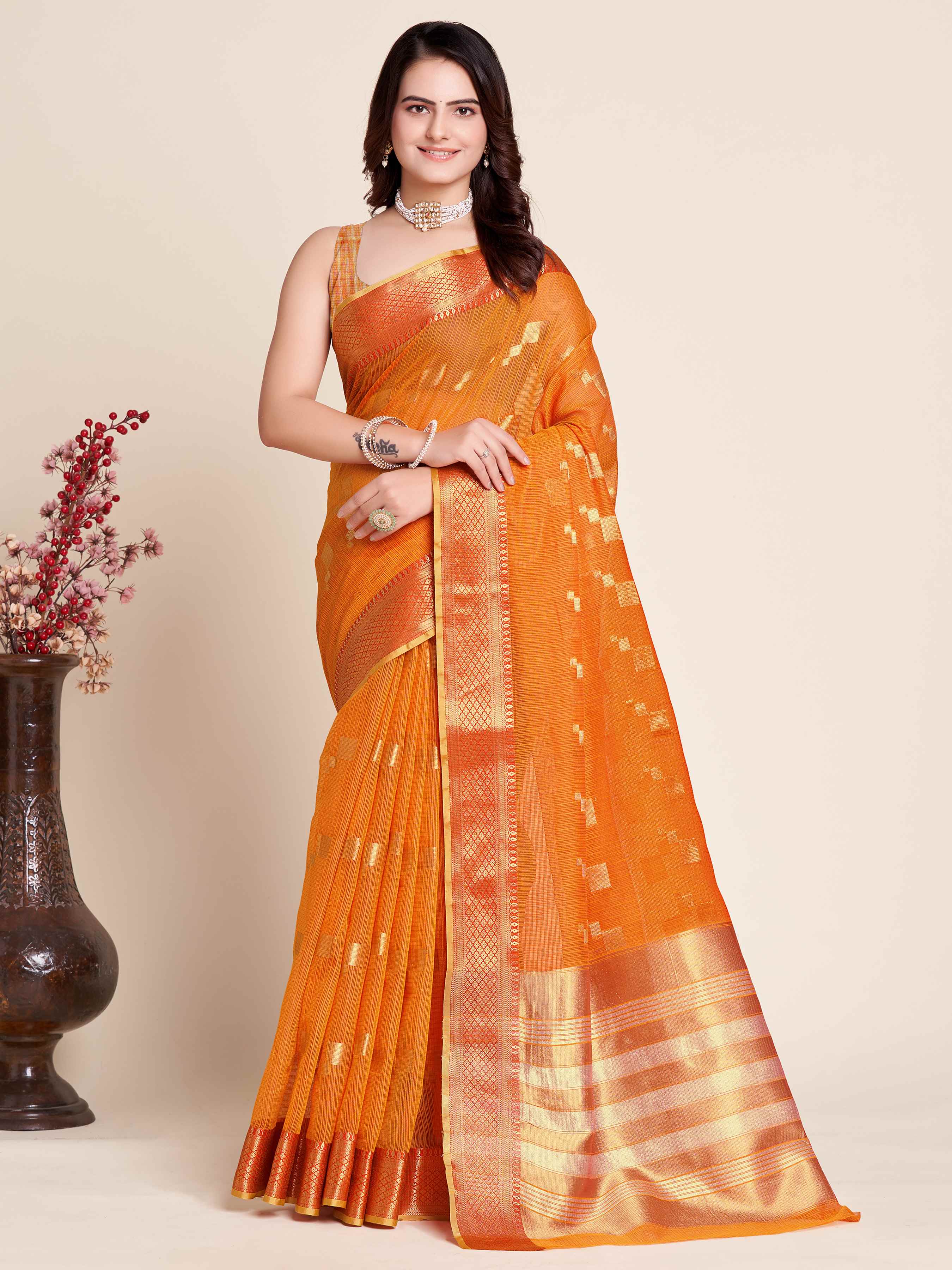 Mustard Wedding-Ready Semi Cotton Saree – Comfort Meets Celebration