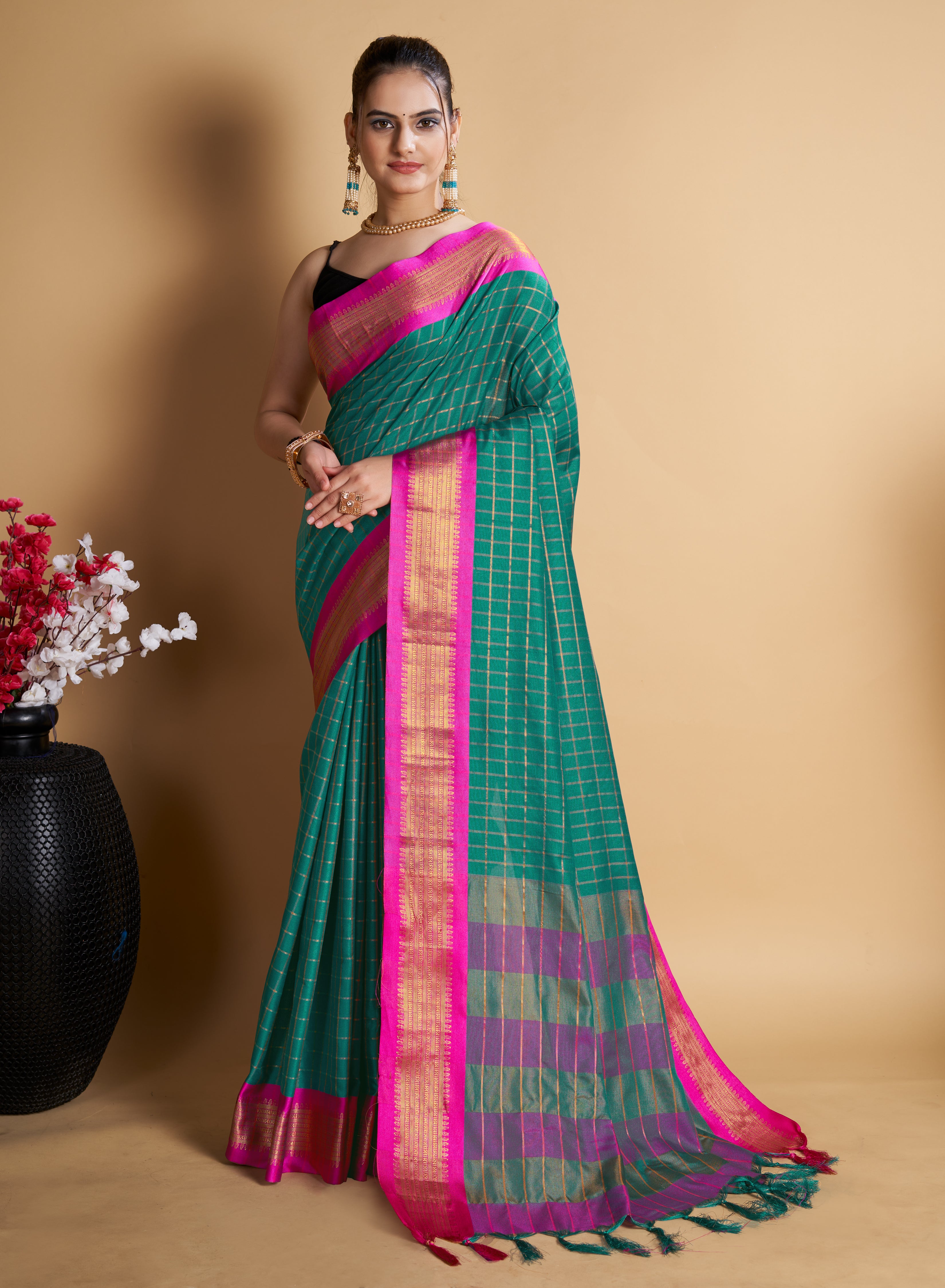 Designer-Inspired Soft Silk Rama Saree with Striking Pallu & Blouse – Perfect for Weddings&Festive