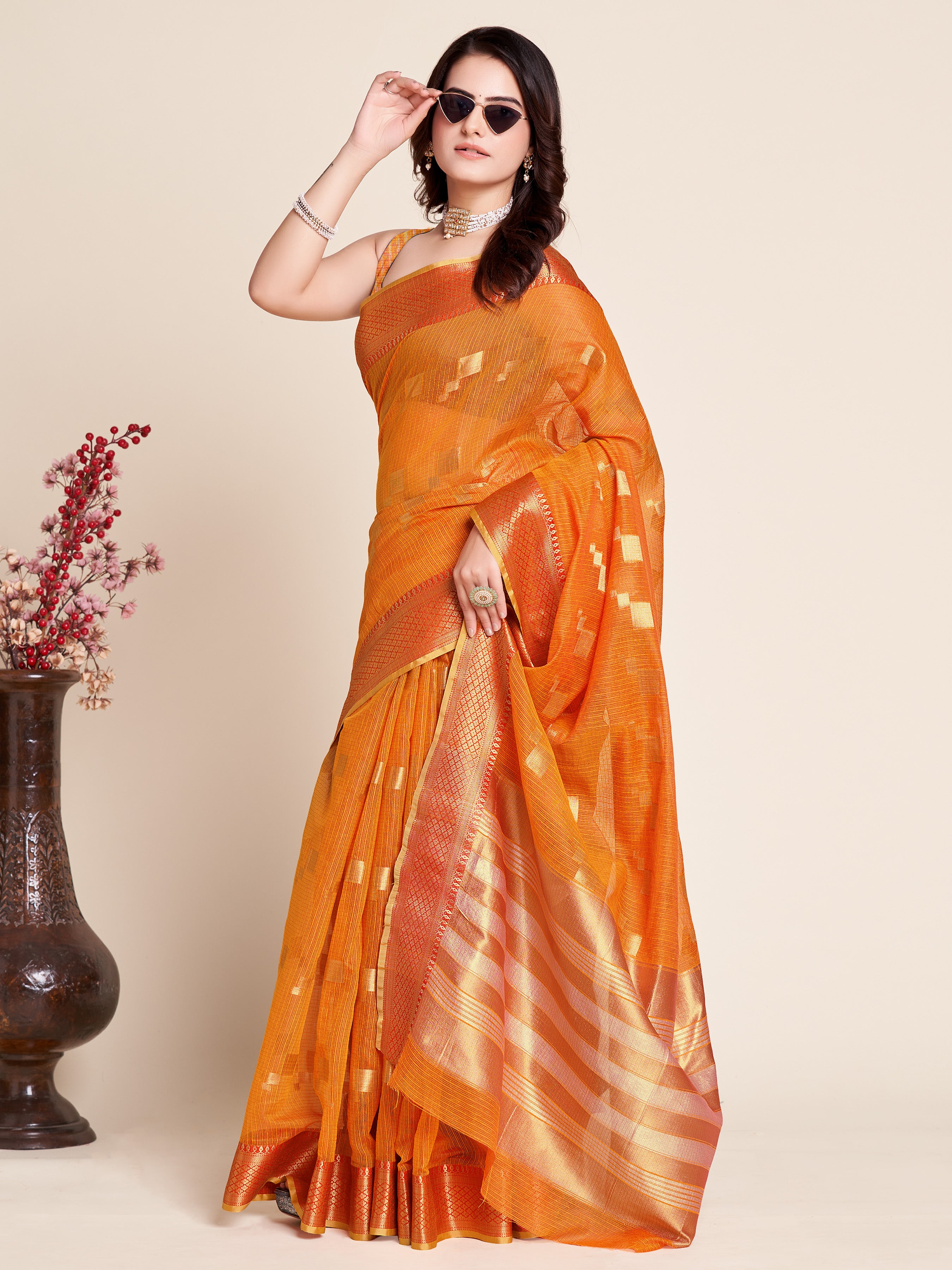 Mustard Wedding-Ready Semi Cotton Saree – Comfort Meets Celebration