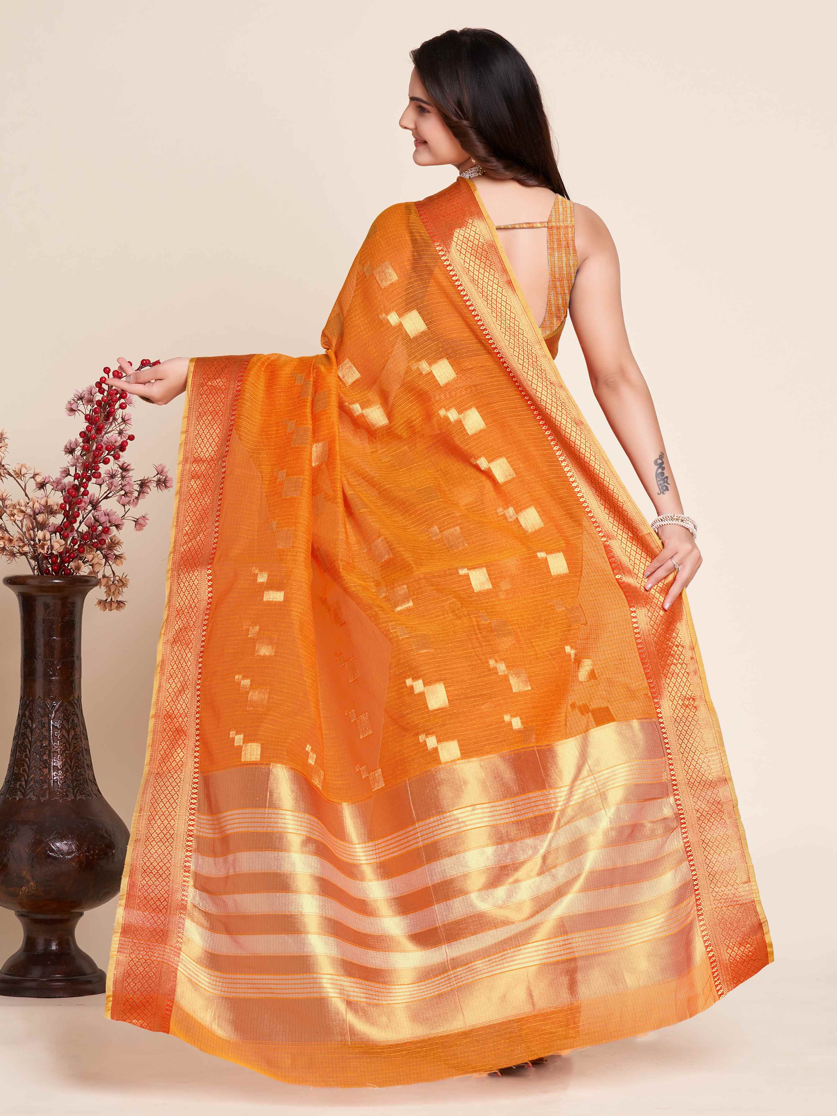 Mustard Wedding-Ready Semi Cotton Saree – Comfort Meets Celebration