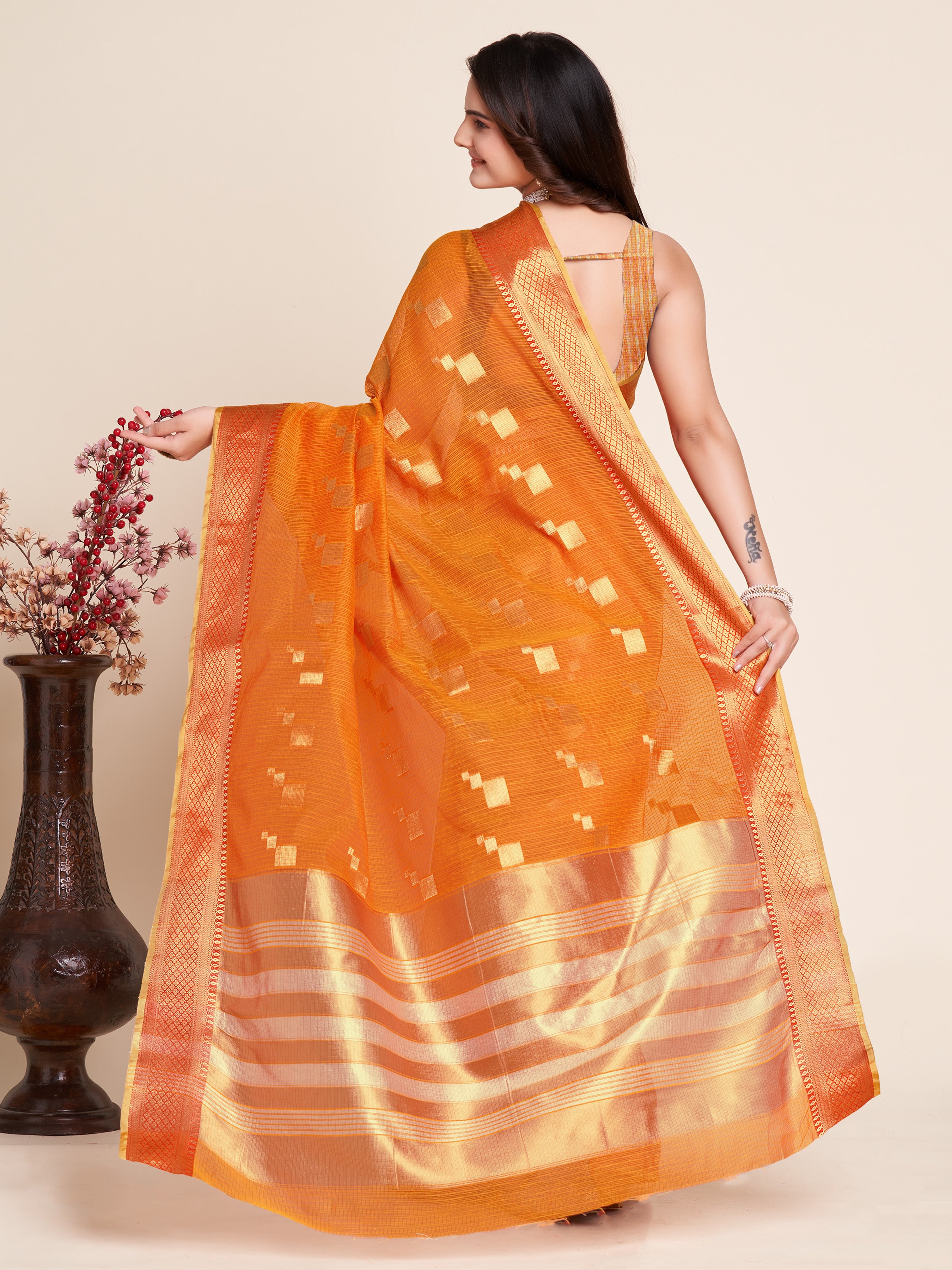 Mustard Wedding-Ready Semi Cotton Saree – Comfort Meets Celebration