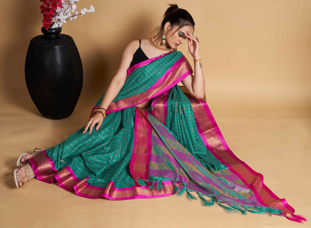 Designer-Inspired Soft Silk Rama Saree with Striking Pallu & Blouse – Perfect for Weddings&Festive