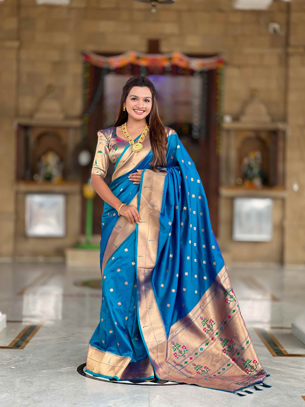 Firozi Paithani Silk Saree with Zari Weaving, Meenakari Pallu & Double Munia Border