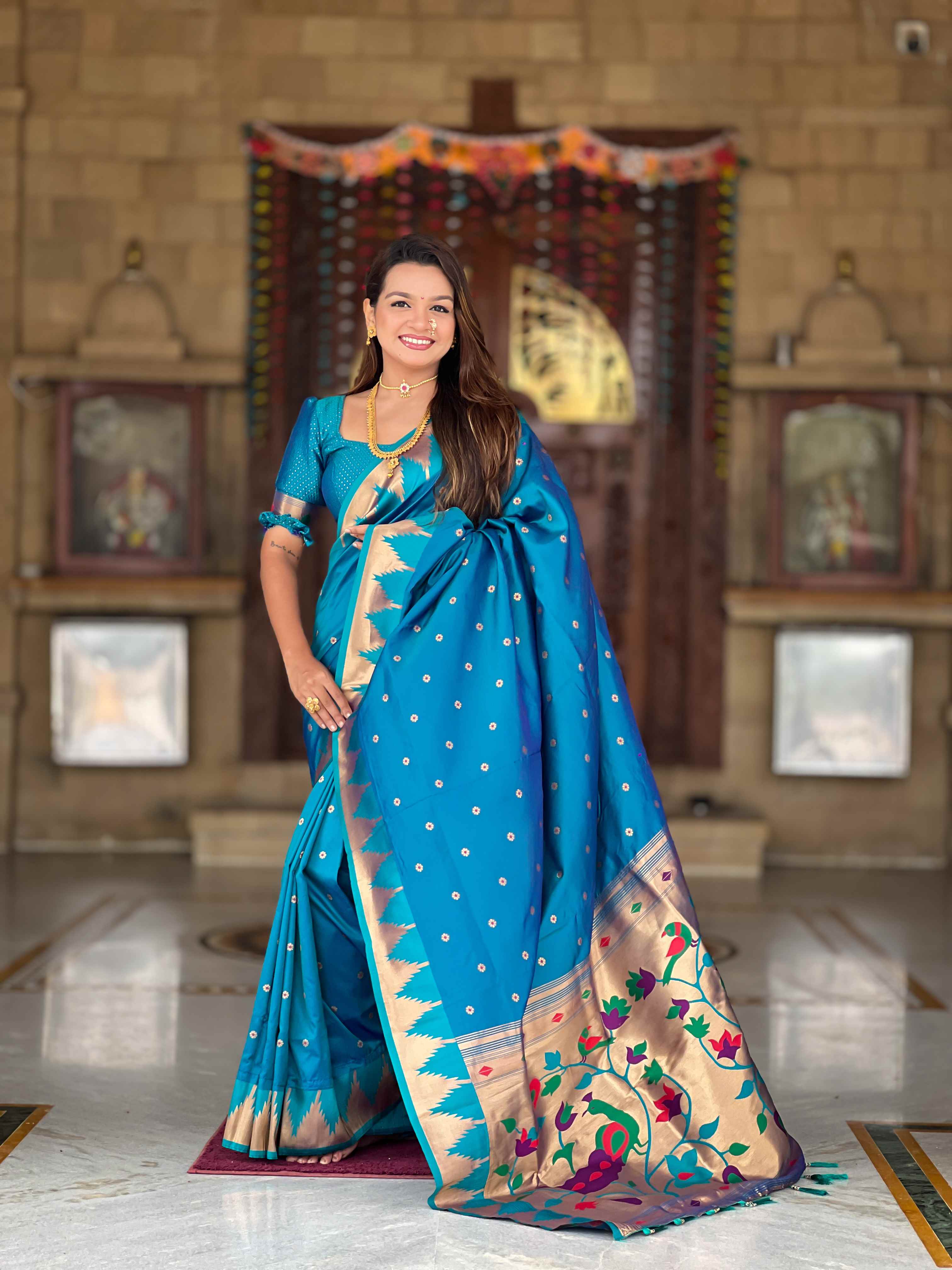 Firozi Paithani Silk Saree with Meenakari Rich Pallu & Temple Weaving Border