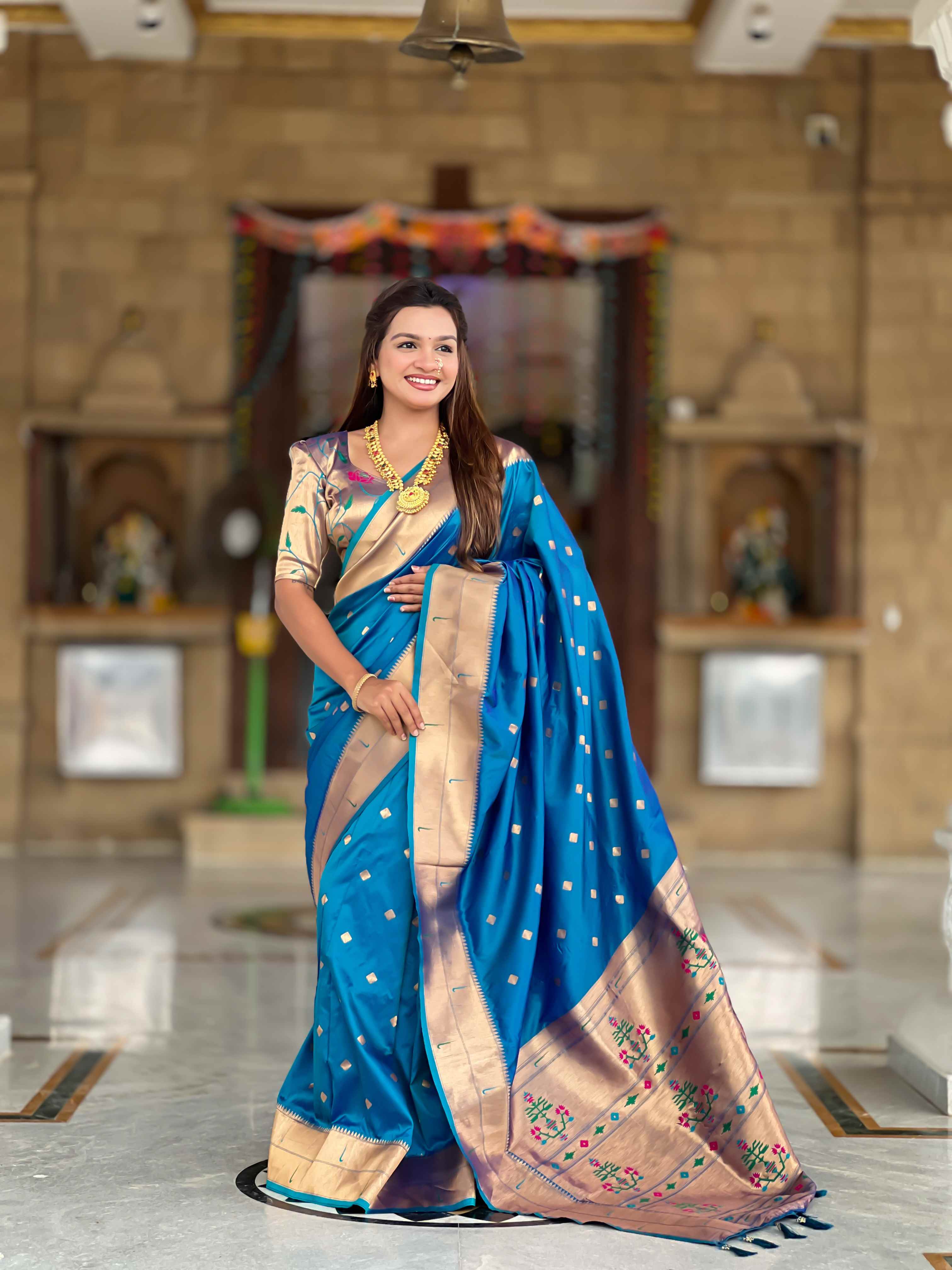 Firozi Paithani Silk Saree with Zari Weaving, Meenakari Pallu & Double Munia Border