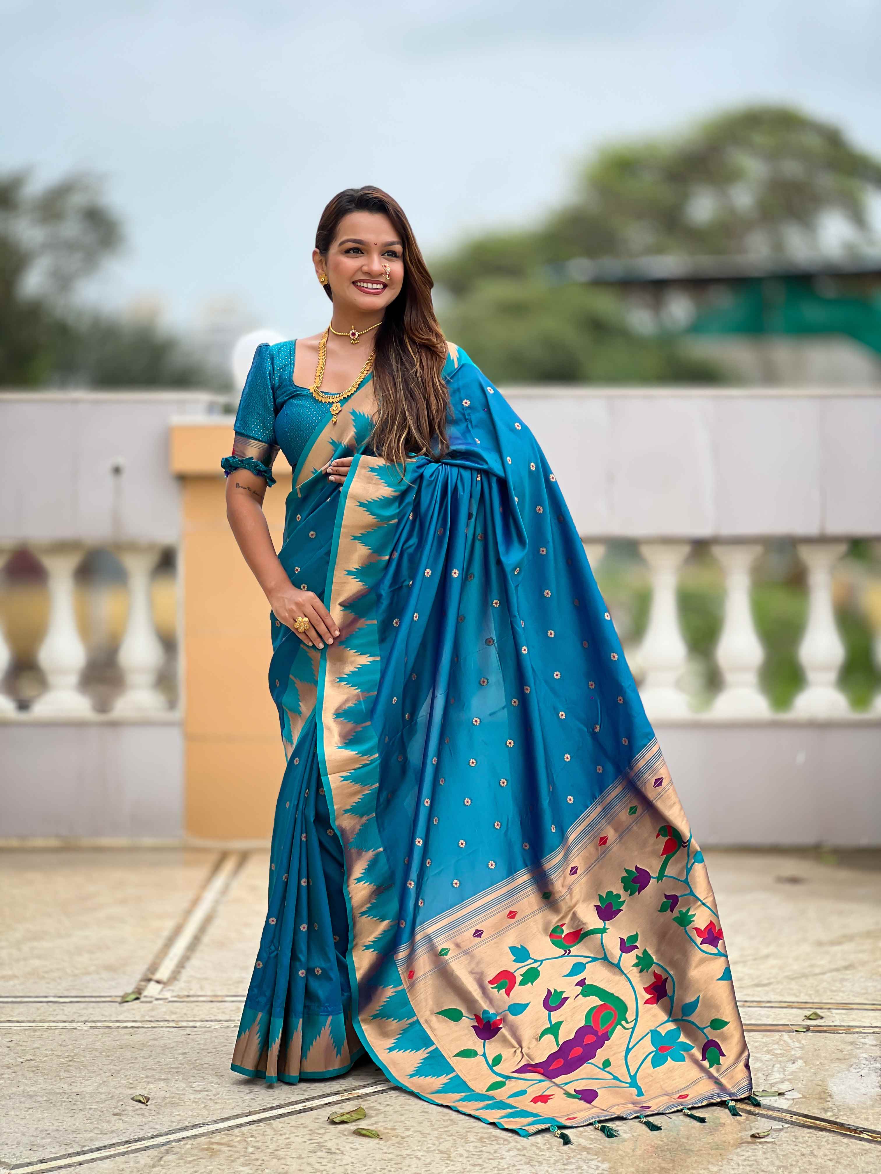 Firozi Paithani Silk Saree with Meenakari Rich Pallu & Temple Weaving Border