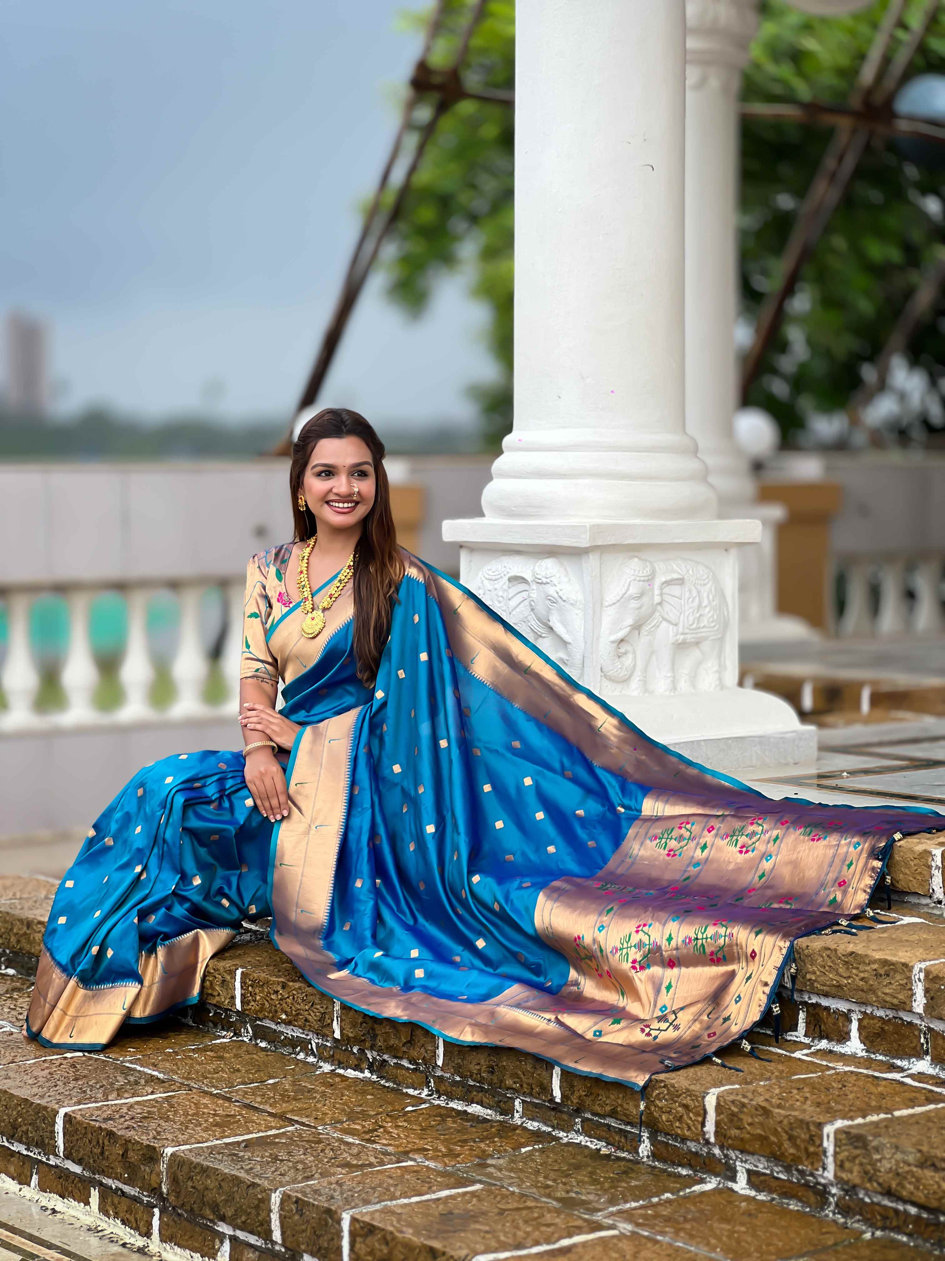 Elegant Paithani Silk Saree Featuring Zari Weaving, Meenakari Pallu & Double Munia Border