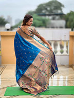 Firozi Paithani Silk Saree with Zari Weaving, Meenakari Pallu & Double Munia Border