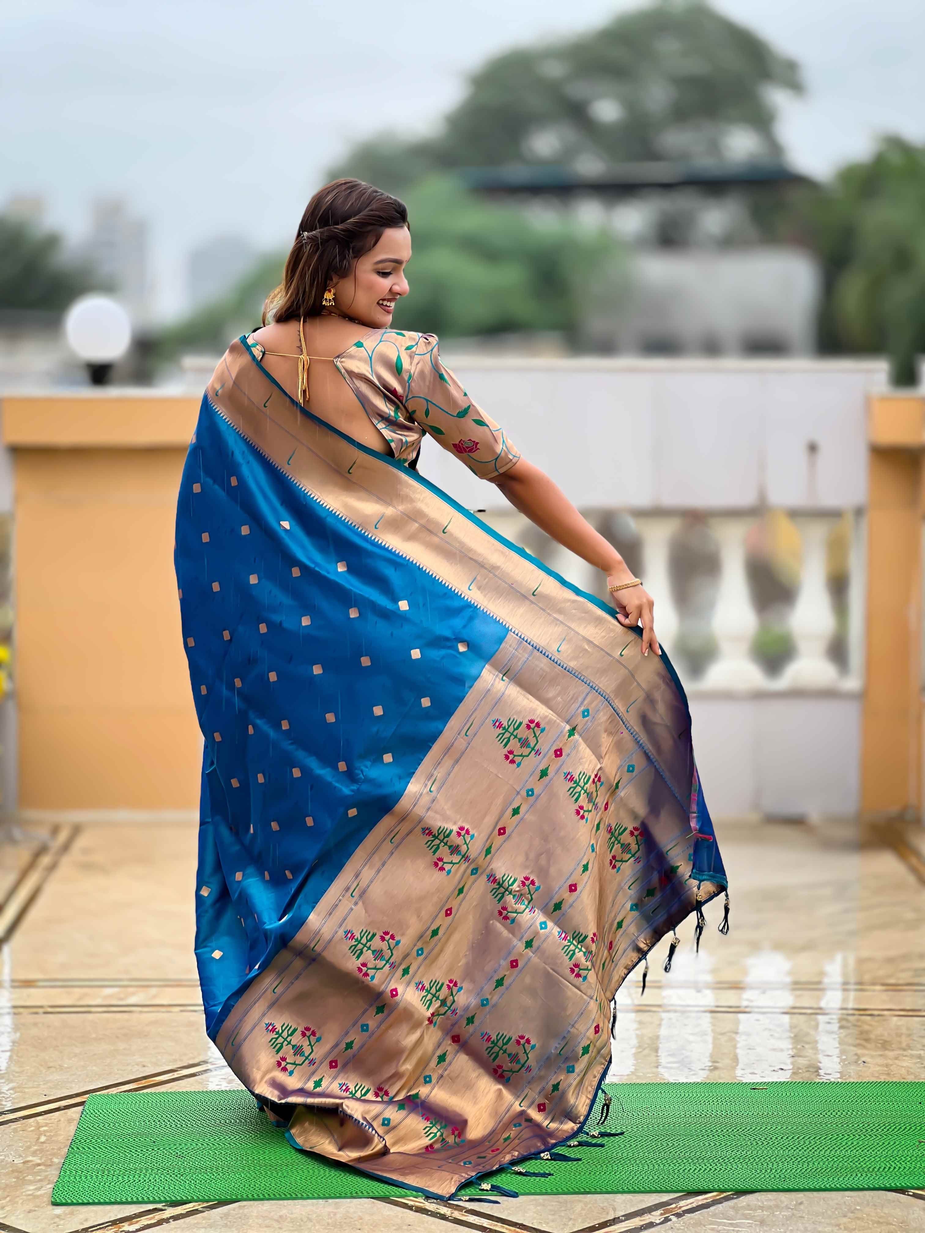 Firozi Paithani Silk Saree with Zari Weaving, Meenakari Pallu & Double Munia Border