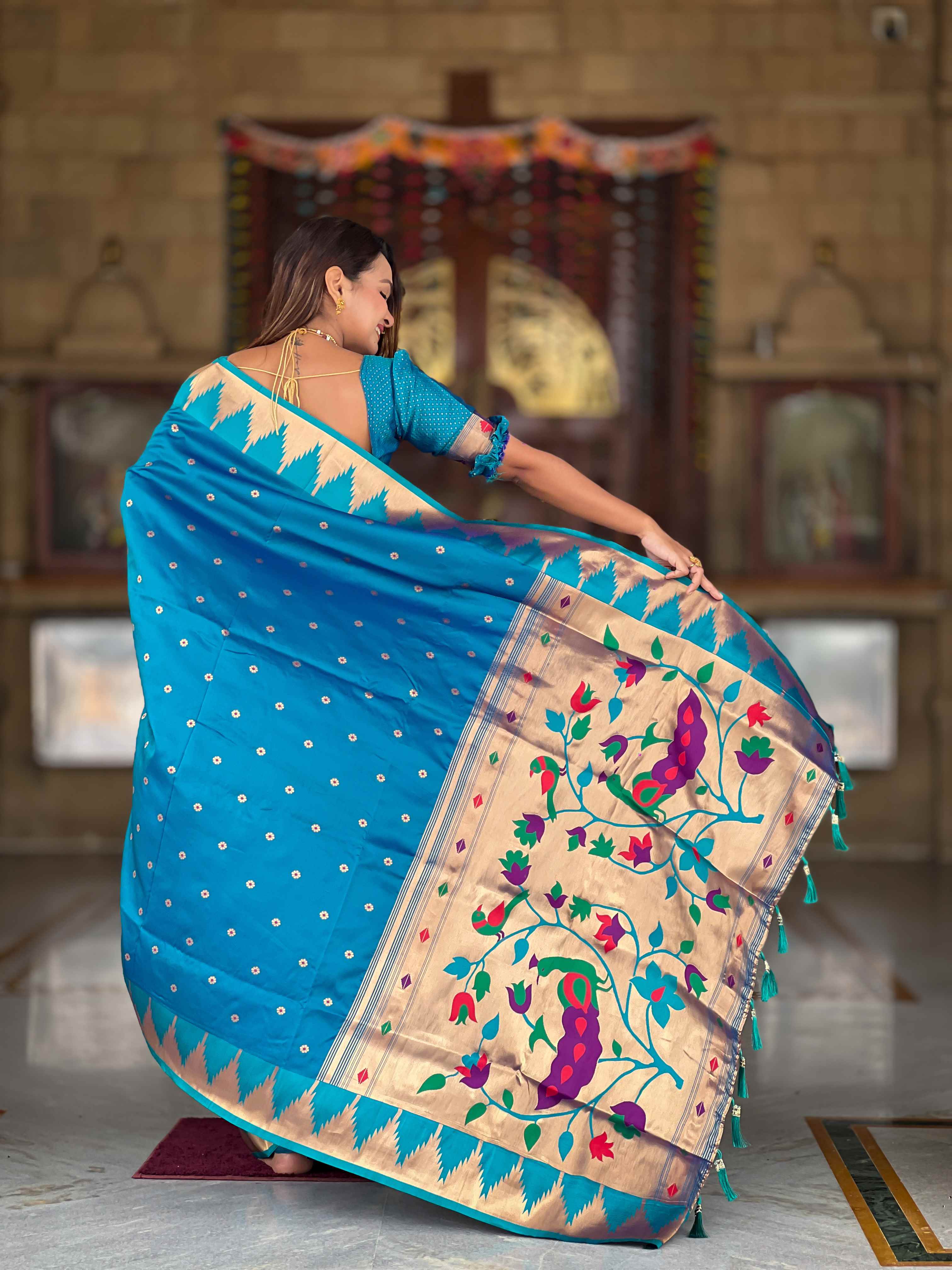 Firozi Paithani Silk Saree with Meenakari Rich Pallu & Temple Weaving Border