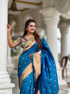 Firozi Paithani Silk Saree with Zari Weaving, Meenakari Pallu & Double Munia Border