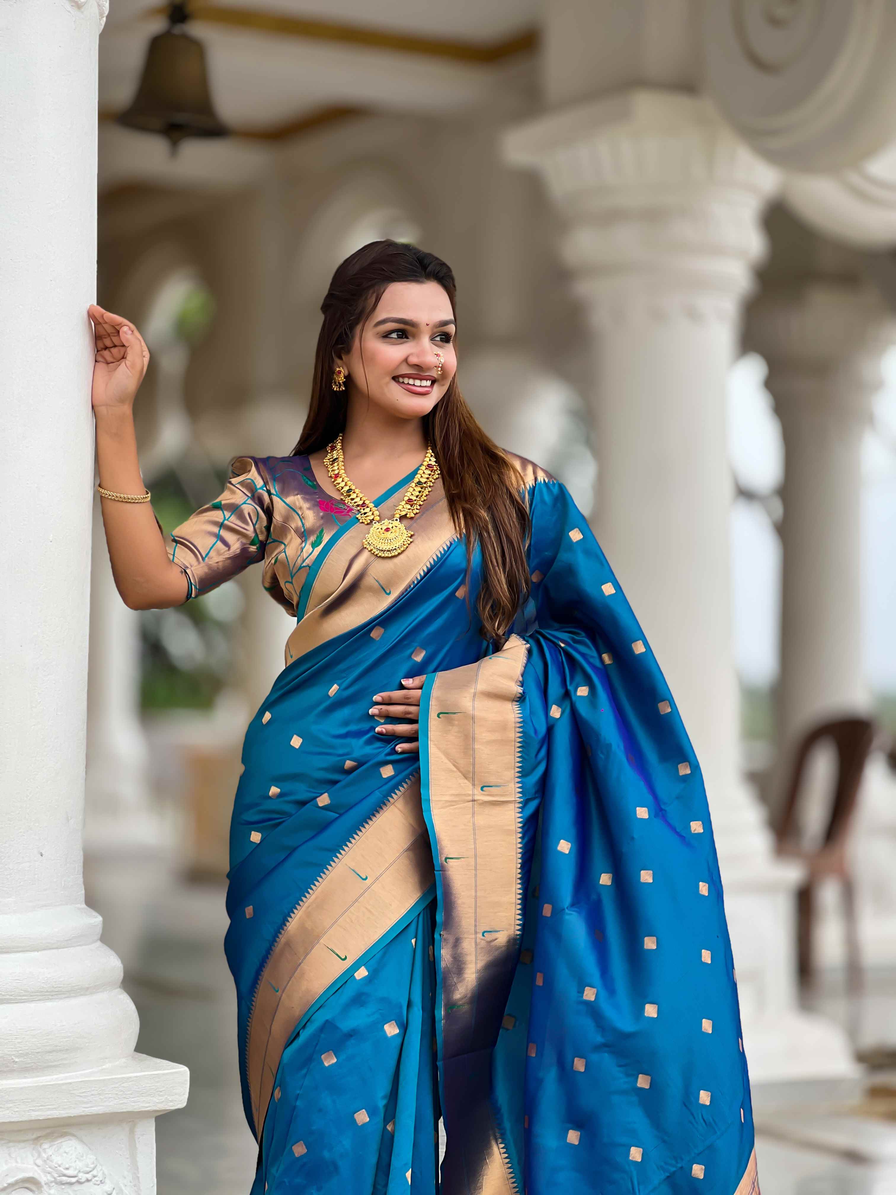 Firozi Paithani Silk Saree with Zari Weaving, Meenakari Pallu & Double Munia Border