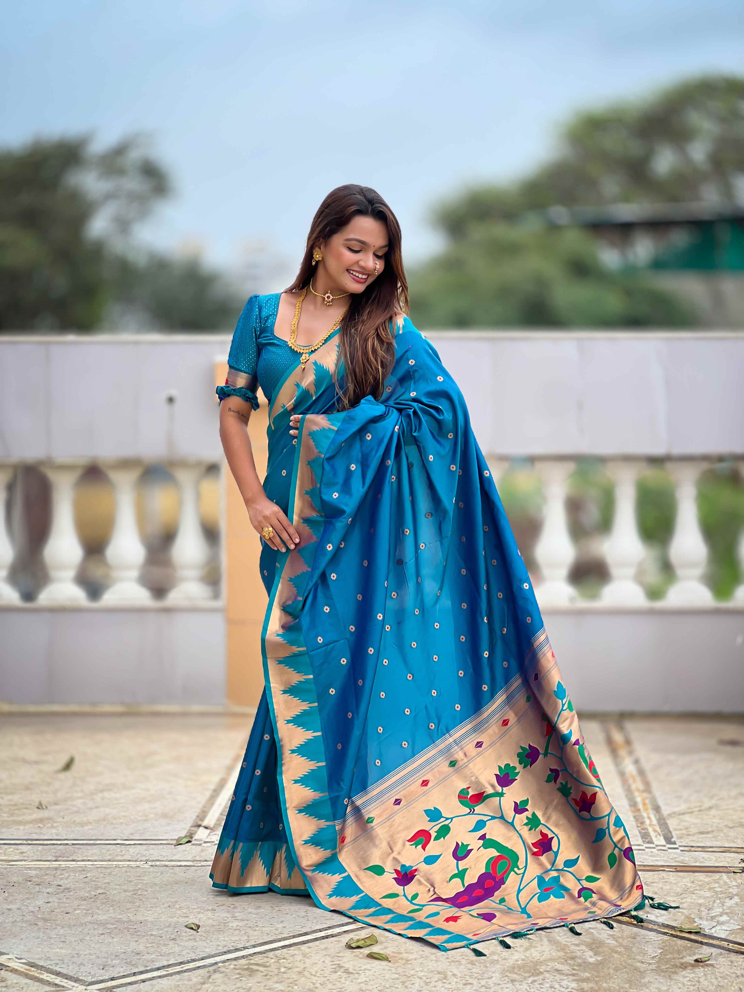 Firozi Paithani Silk Saree with Meenakari Rich Pallu & Temple Weaving Border