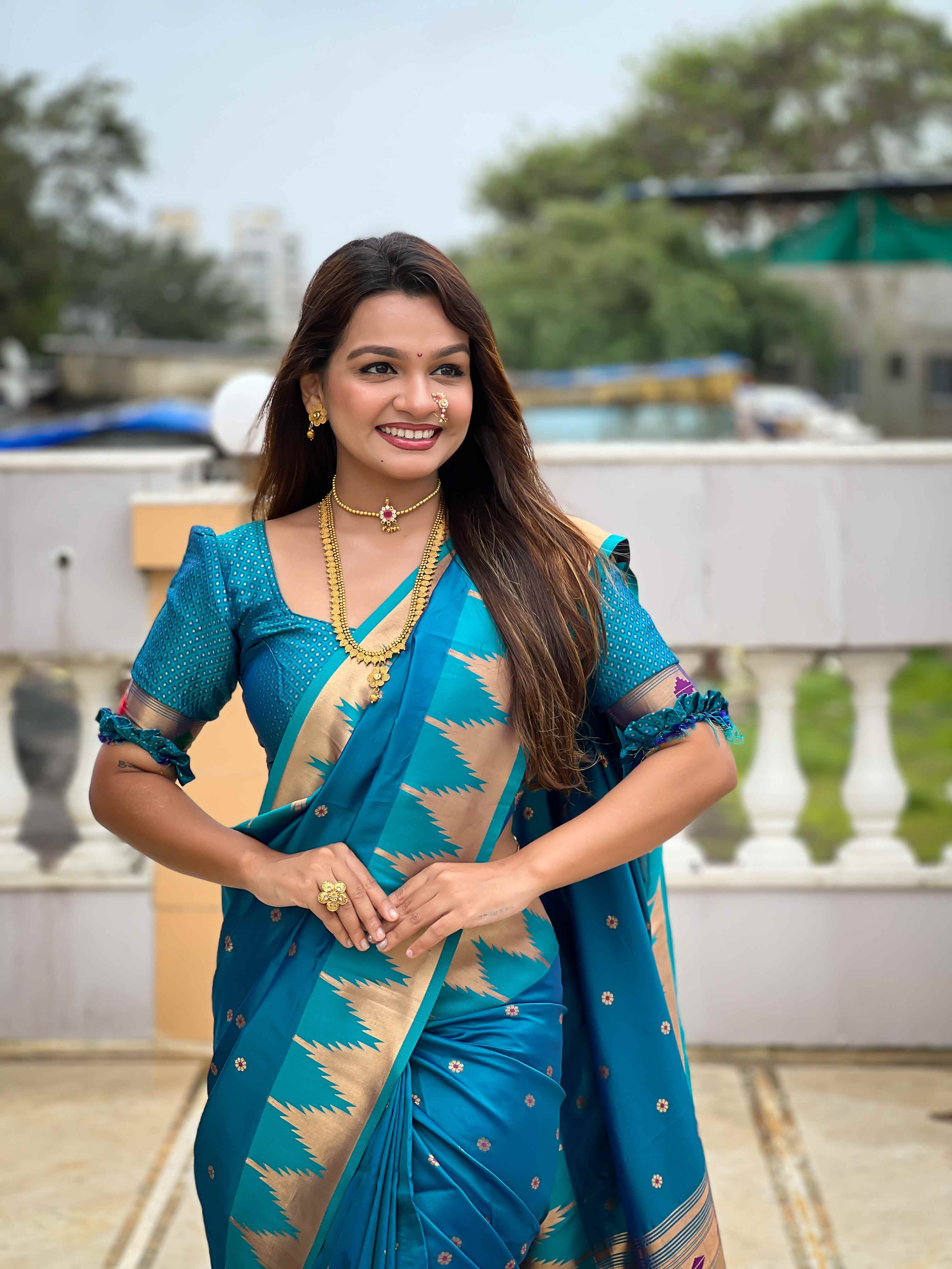 Firozi Paithani Silk Saree with Meenakari Rich Pallu & Temple Weaving Border