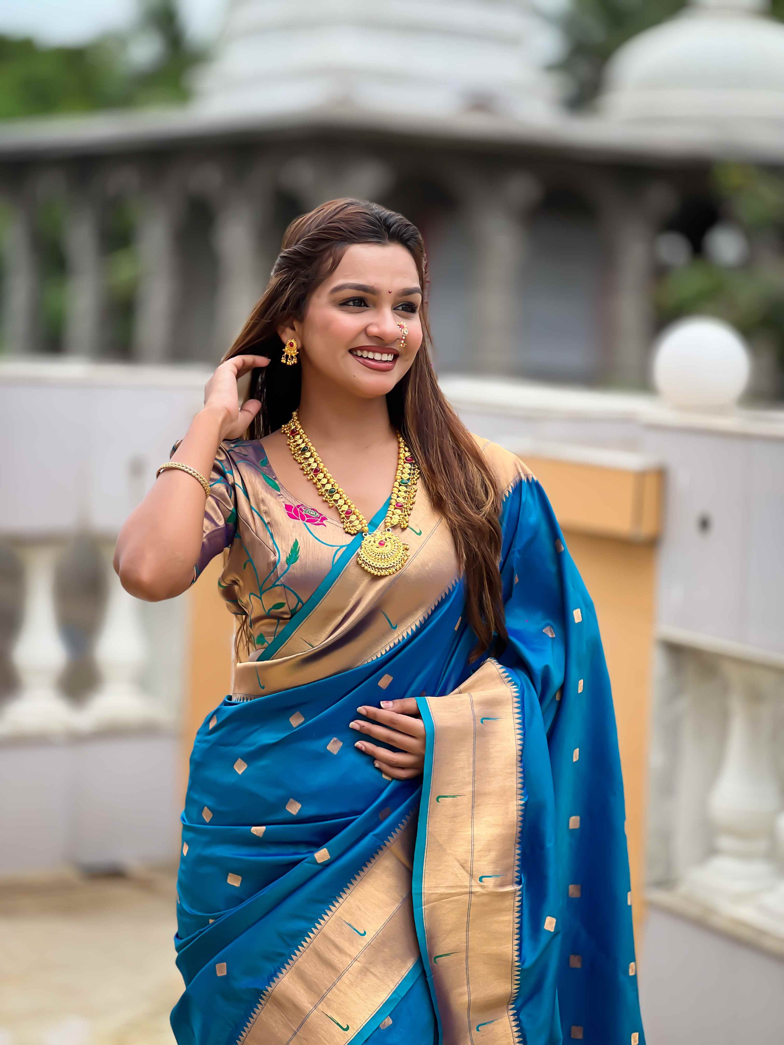 Firozi Paithani Silk Saree with Zari Weaving, Meenakari Pallu & Double Munia Border