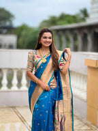 Firozi Paithani Silk Saree with Zari Weaving, Meenakari Pallu & Double Munia Border