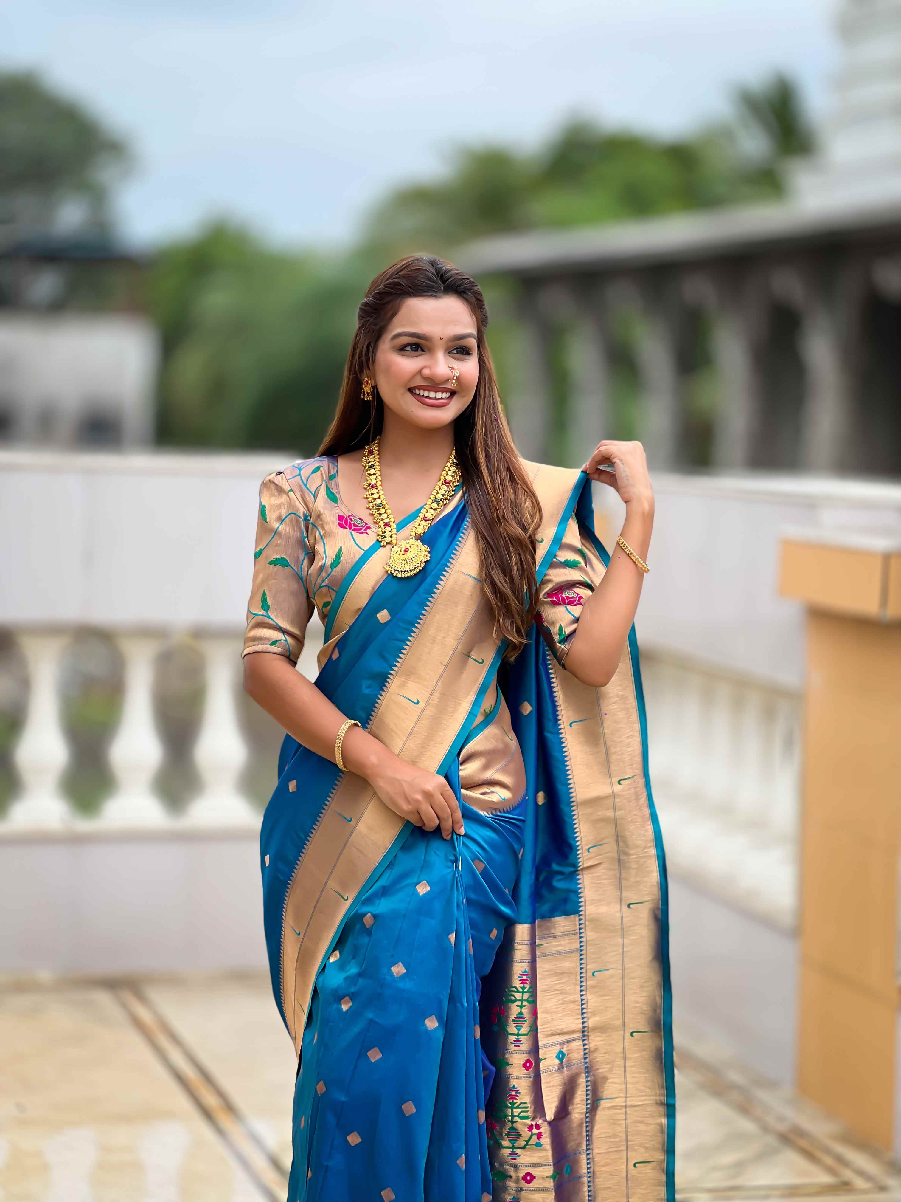 Firozi Paithani Silk Saree with Zari Weaving, Meenakari Pallu & Double Munia Border