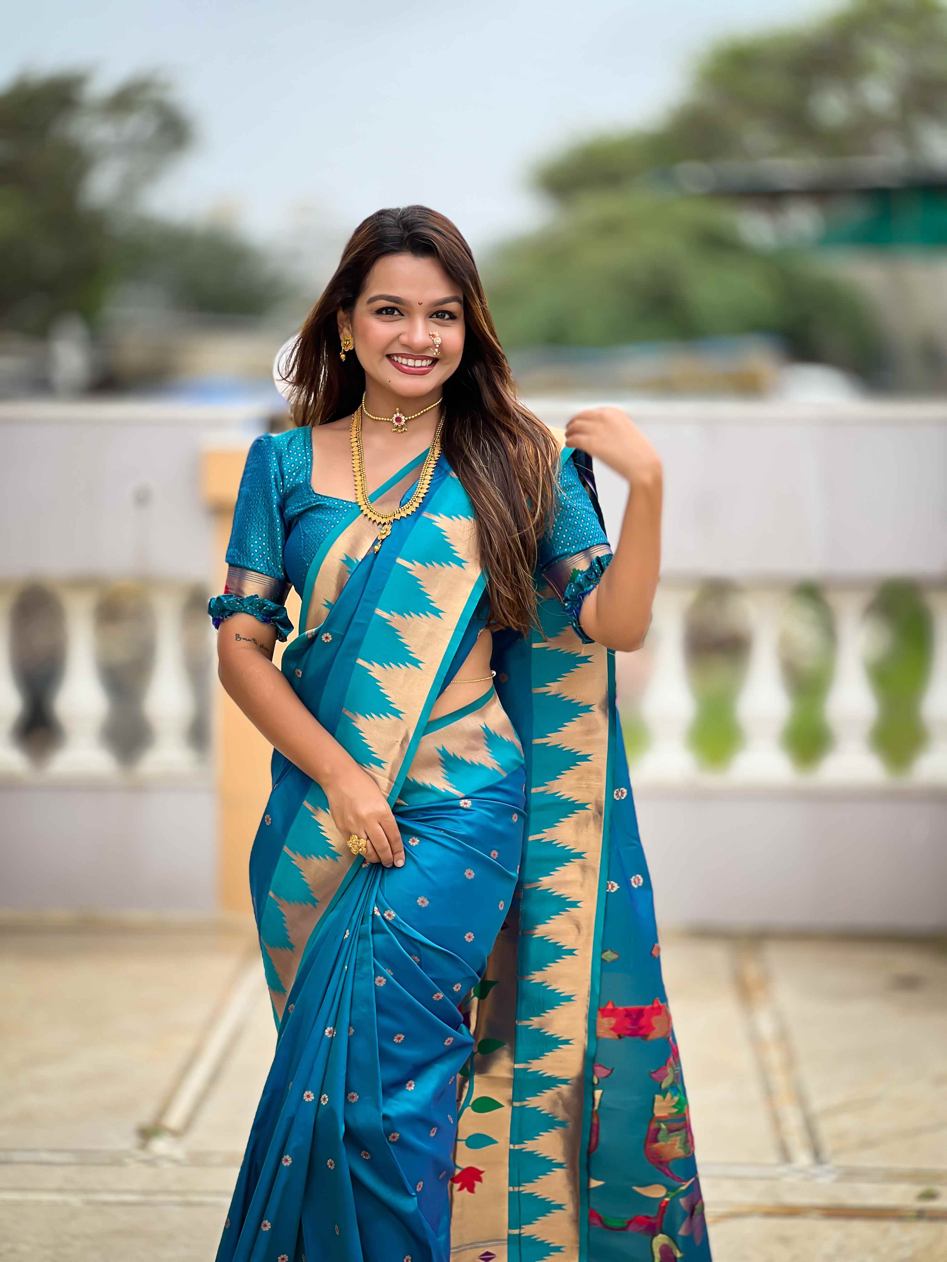 Firozi Paithani Silk Saree with Meenakari Rich Pallu & Temple Weaving Border
