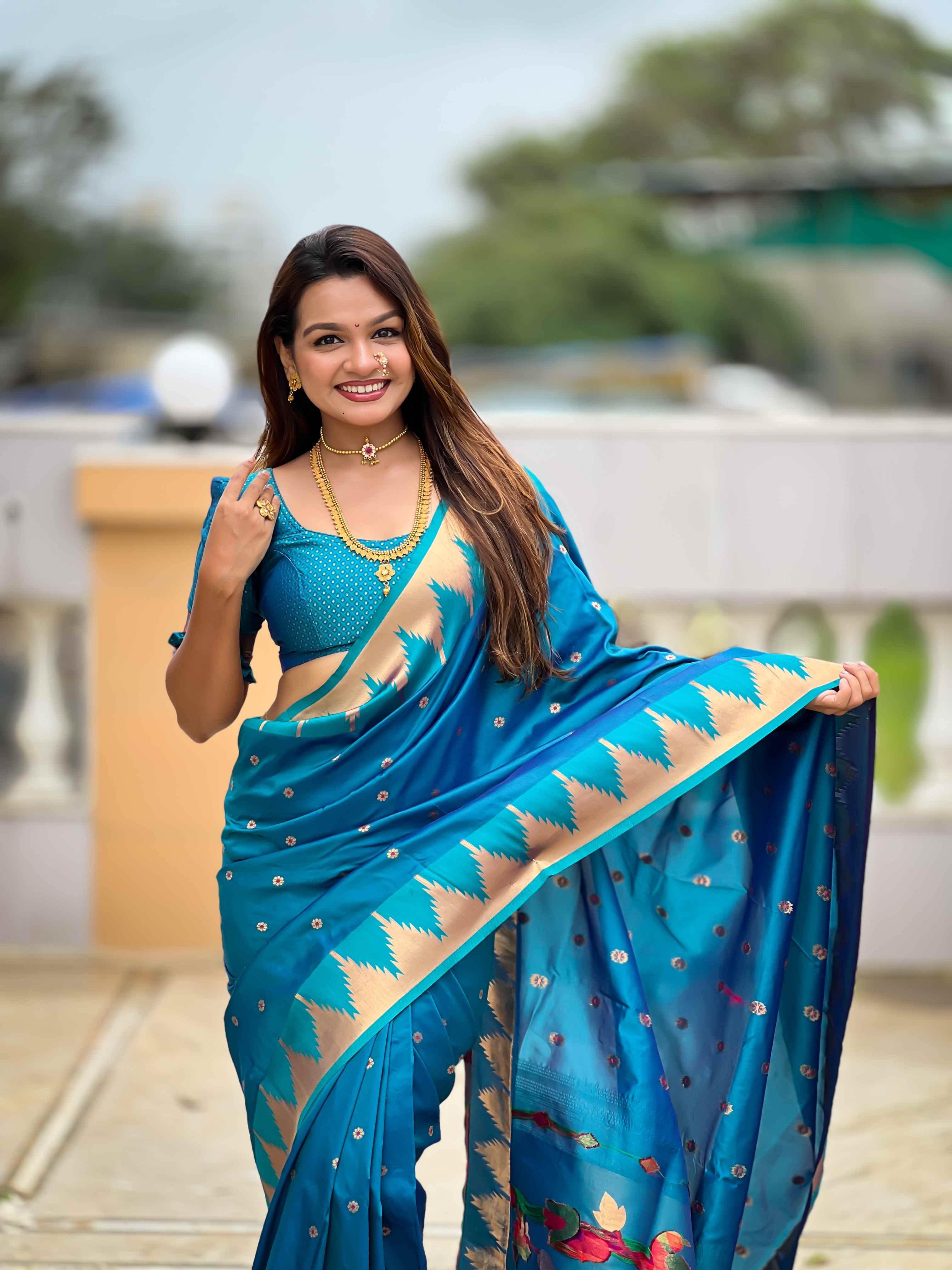Firozi Paithani Silk Saree with Meenakari Rich Pallu & Temple Weaving Border