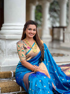 Firozi Paithani Silk Saree with Zari Weaving, Meenakari Pallu & Double Munia Border