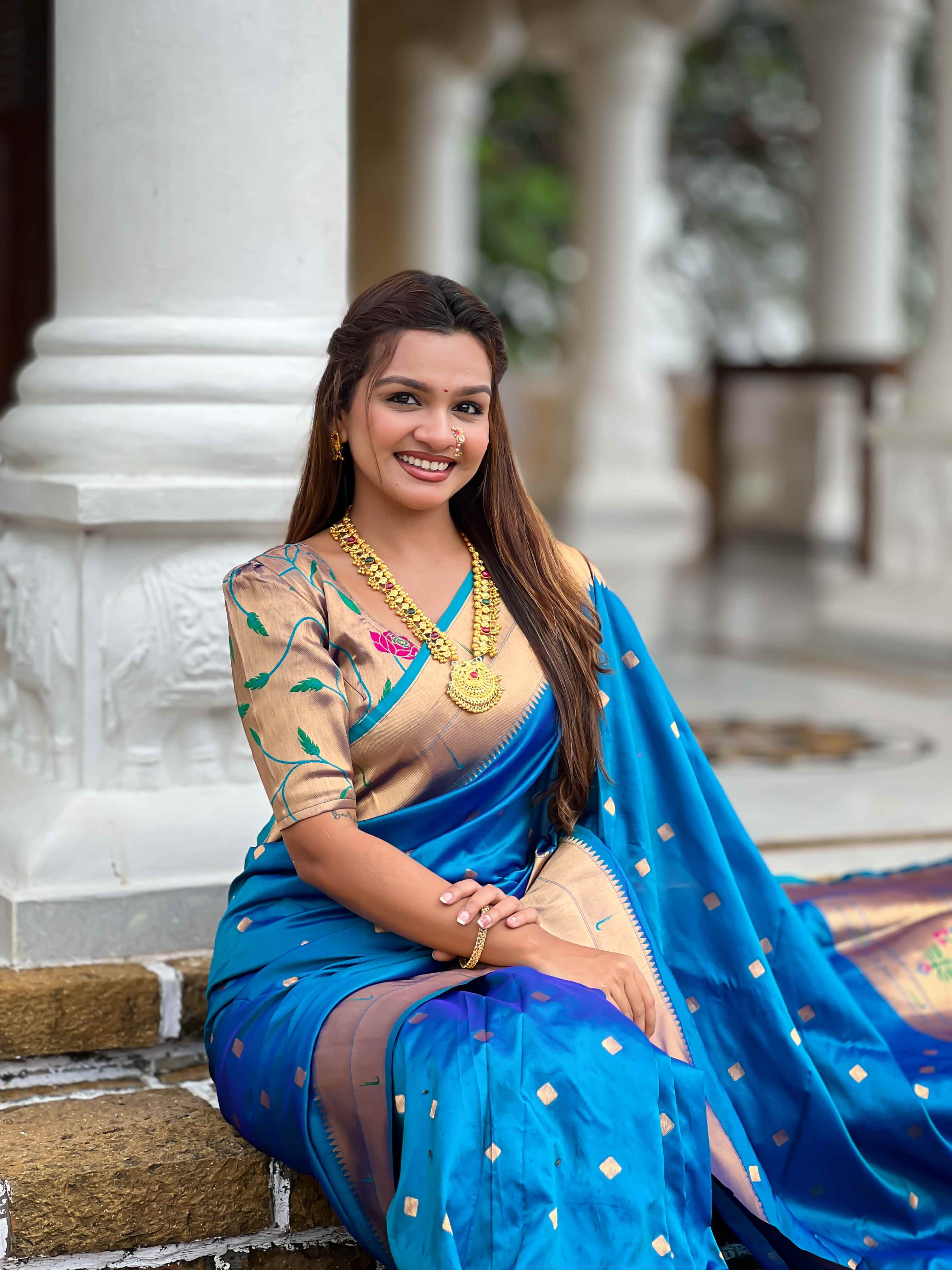 Firozi Paithani Silk Saree with Zari Weaving, Meenakari Pallu & Double Munia Border