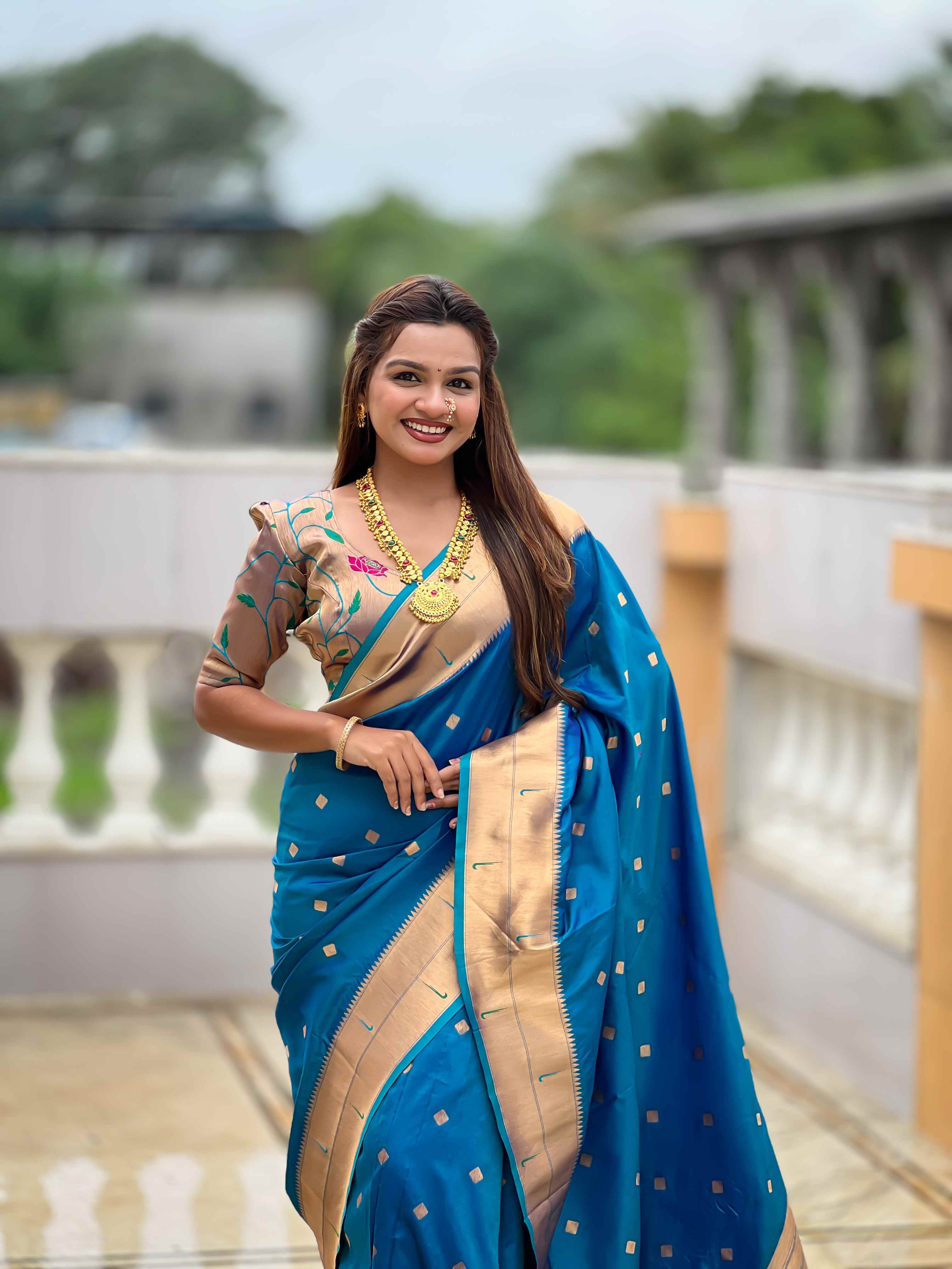 Firozi Paithani Silk Saree with Zari Weaving, Meenakari Pallu & Double Munia Border