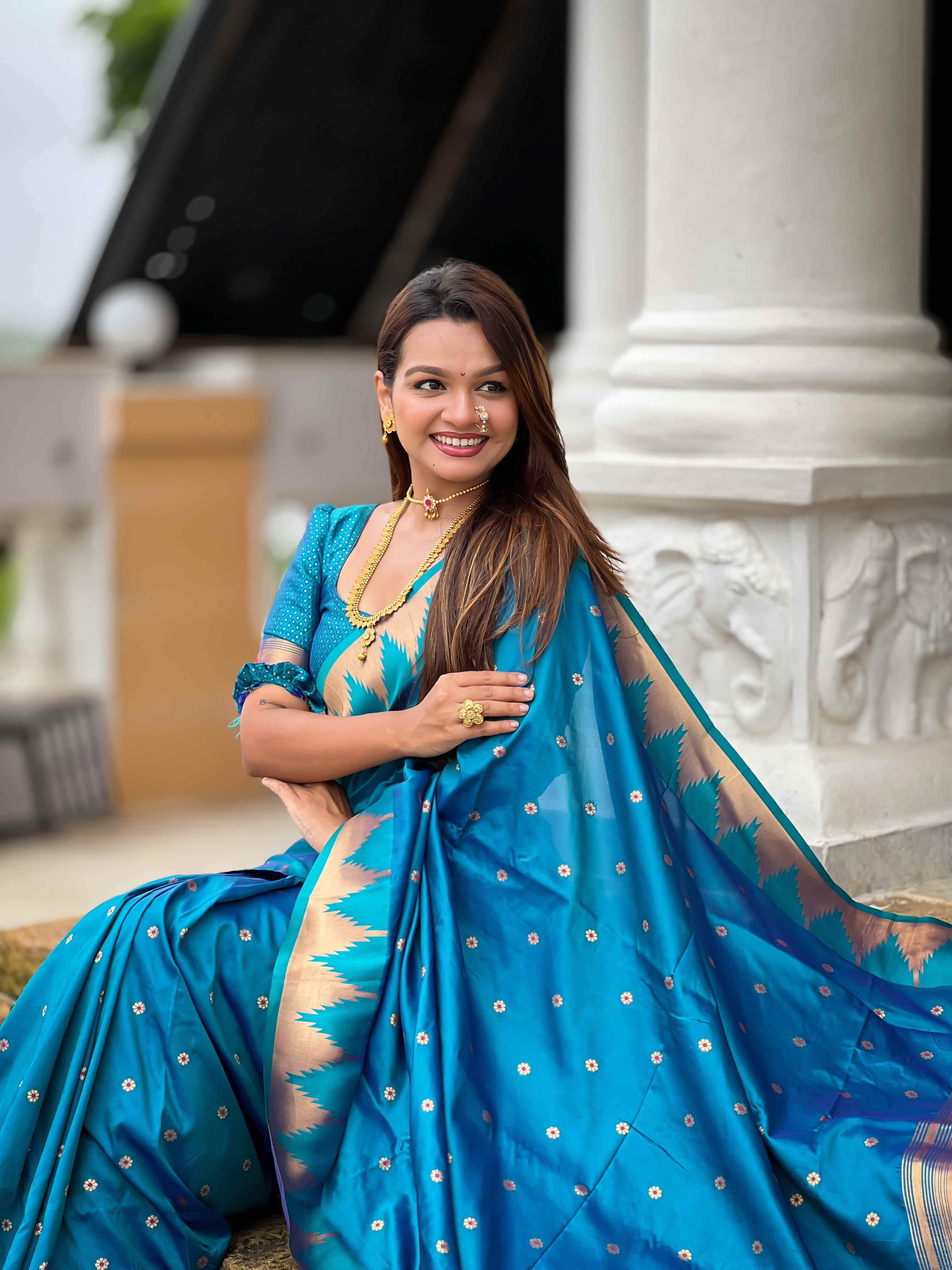 Firozi Paithani Silk Saree with Meenakari Rich Pallu & Temple Weaving Border