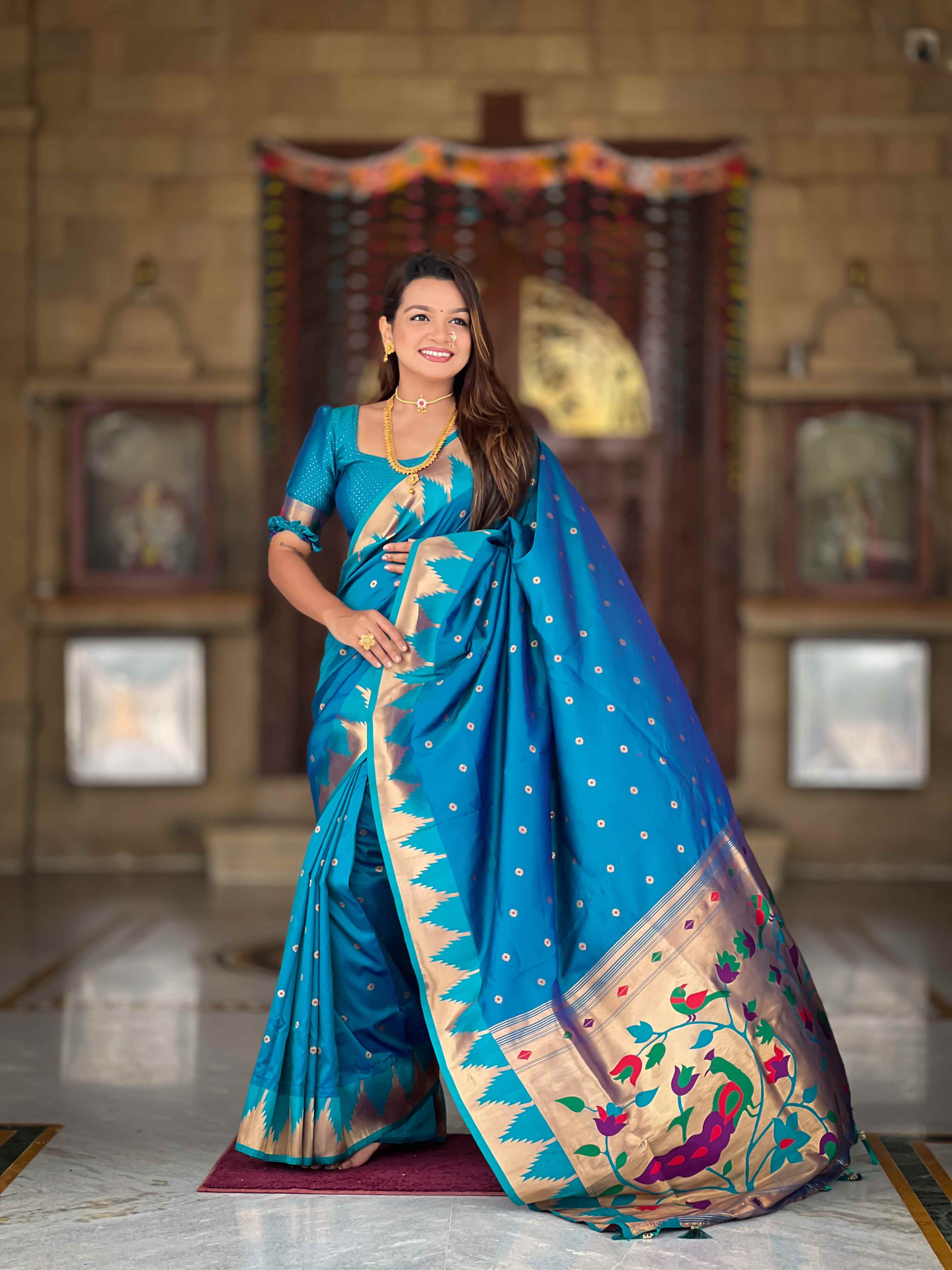 Firozi Paithani Silk Saree with Meenakari Rich Pallu & Temple Weaving Border